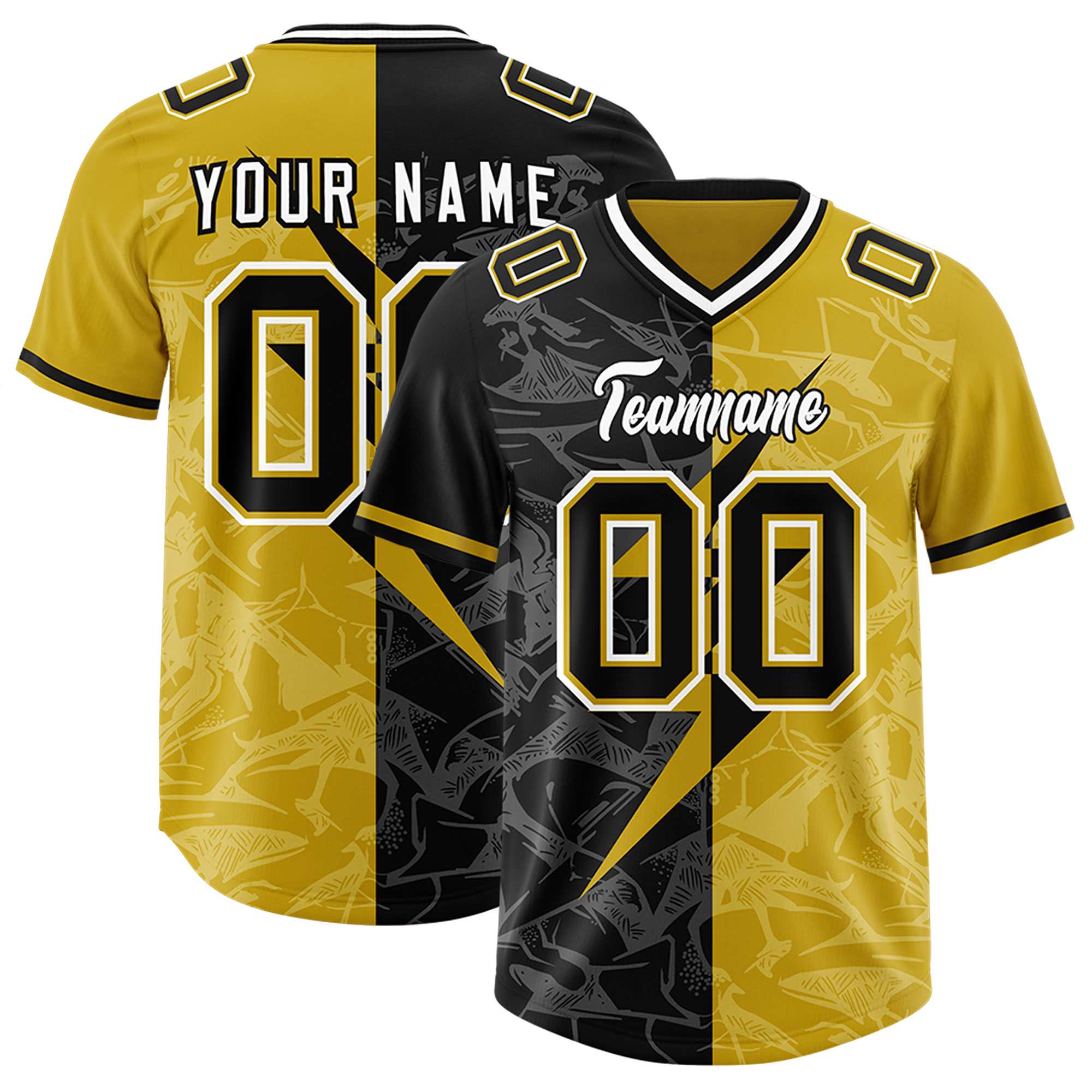 Custom Old Gold Black Split Personalized Lightning Pattern American Football Jersey