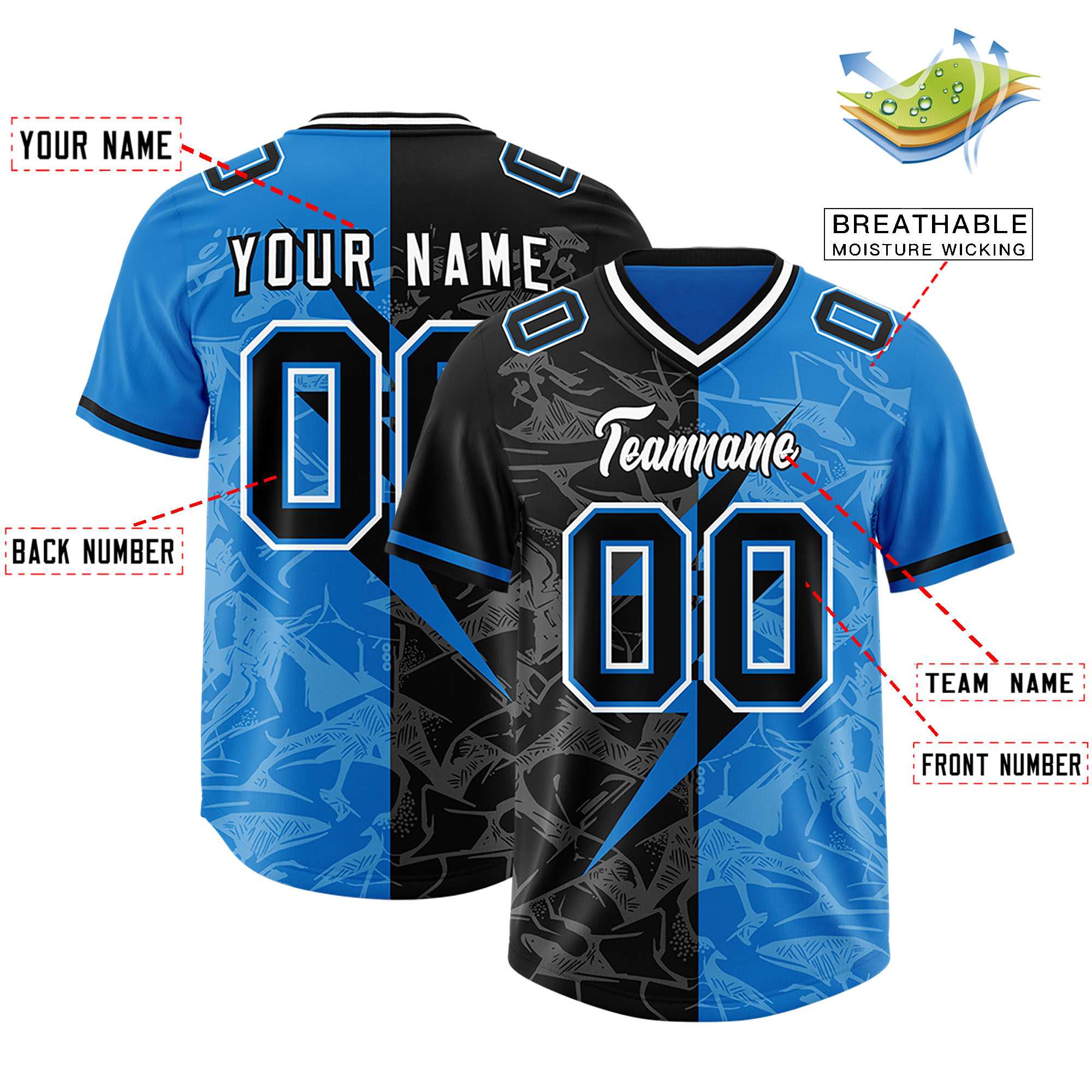 Custom Panther Blue Black Split Personalized Lightning Pattern American Football Jersey