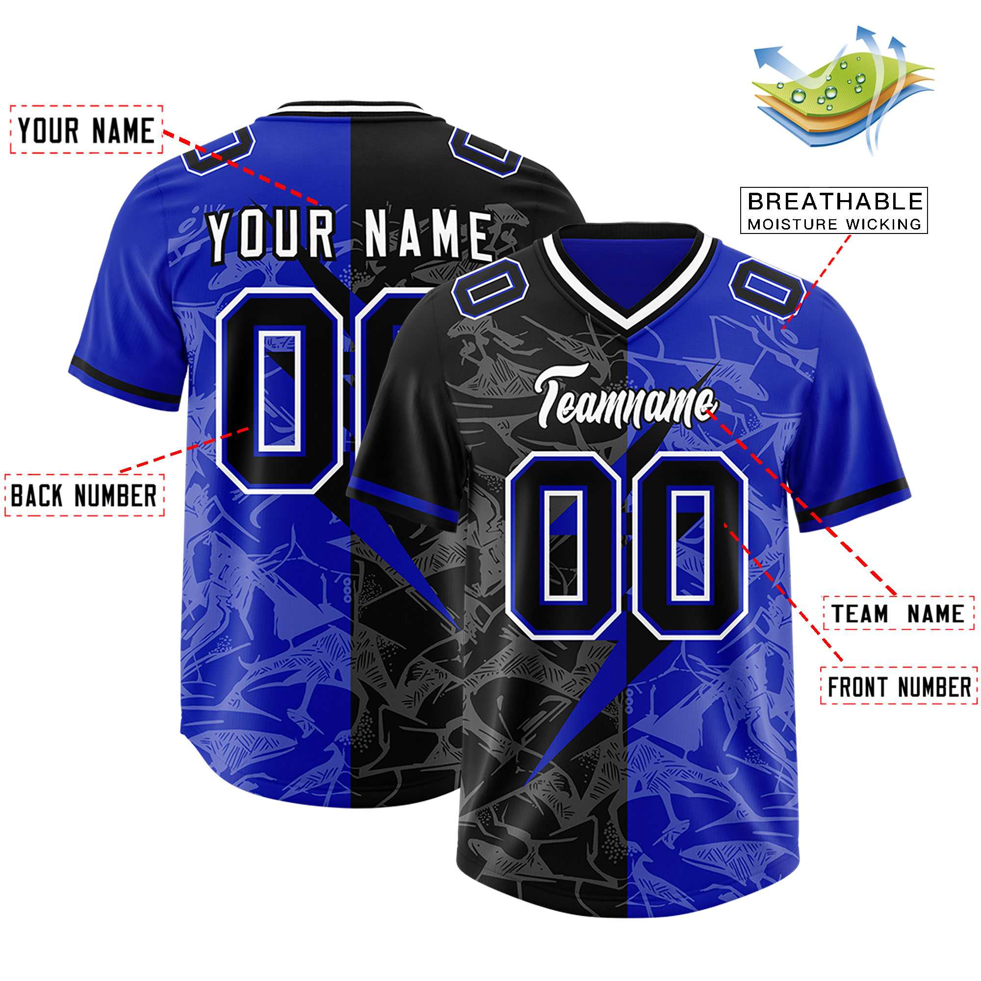 Custom Royal Black Split Personalized Lightning Pattern American Football Jersey