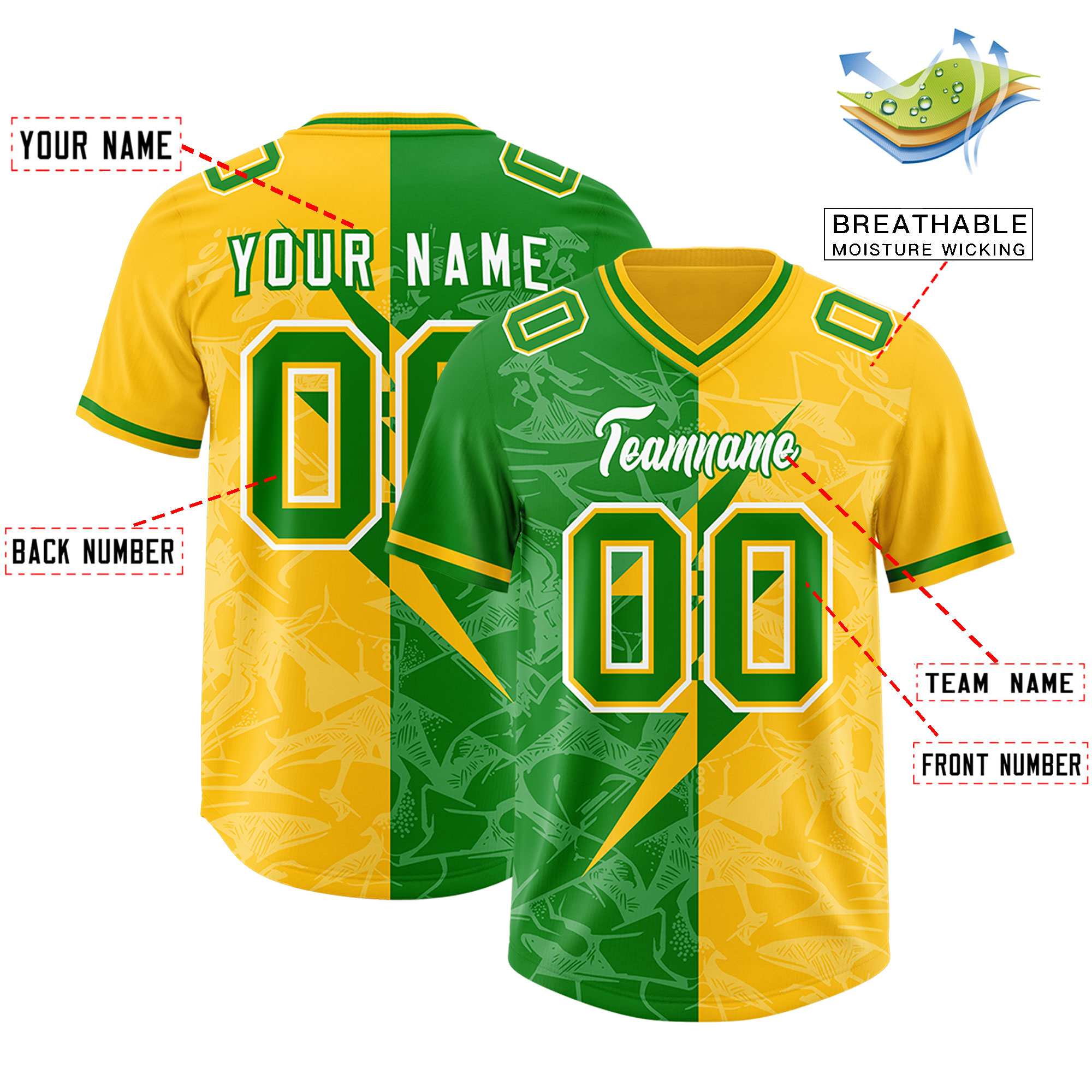 Custom Kelly Green Yellow Split Personalized Lightning Pattern American Football Jersey