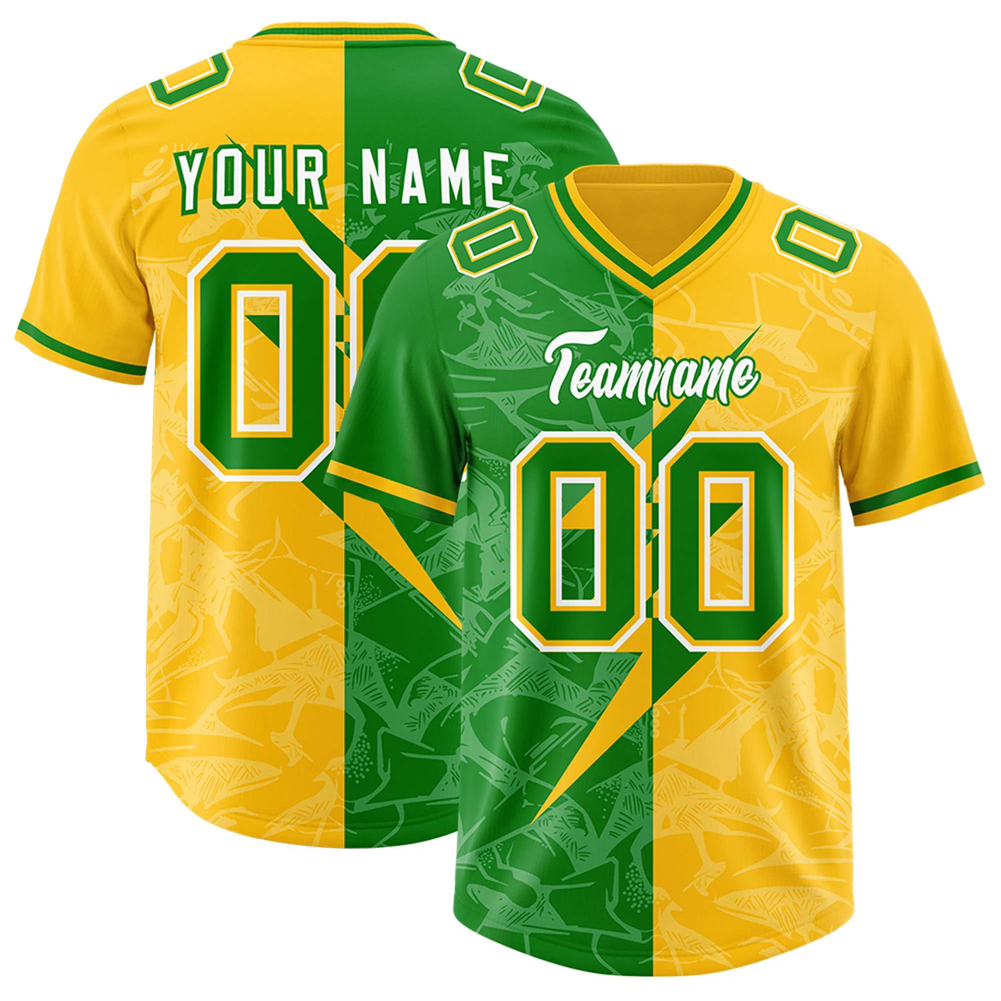 Custom Kelly Green Yellow Split Personalized Lightning Pattern American Football Jersey