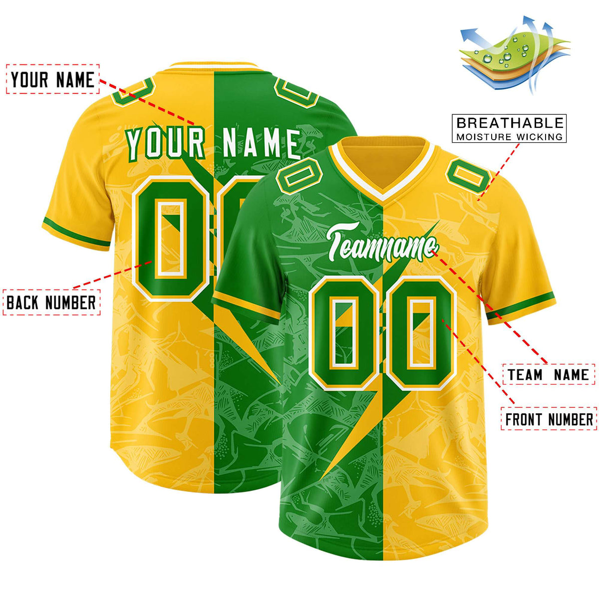 Custom Kelly Green Yellow Split Personalized Lightning Pattern American Football Jersey