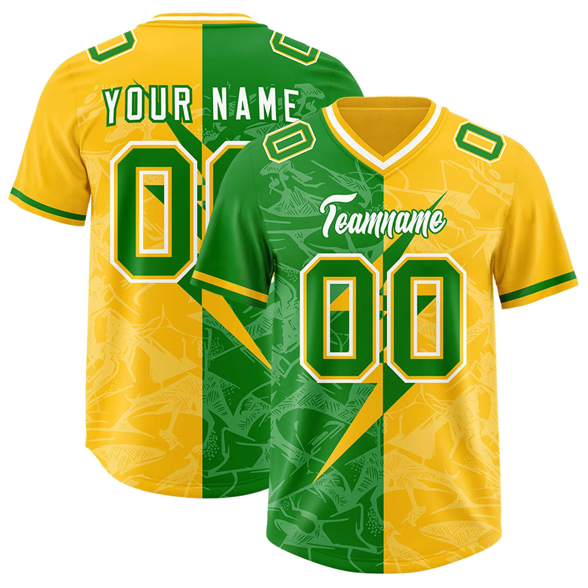 Custom Kelly Green Yellow Split Personalized Lightning Pattern American Football Jersey