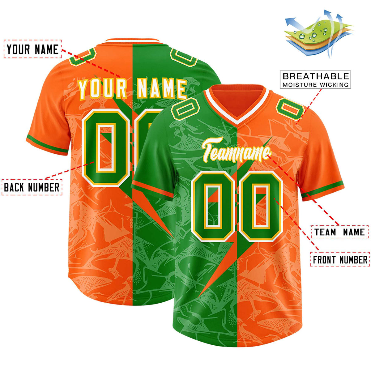 Custom Orange Kelly Green Split Personalized Lightning Pattern American Football Jersey