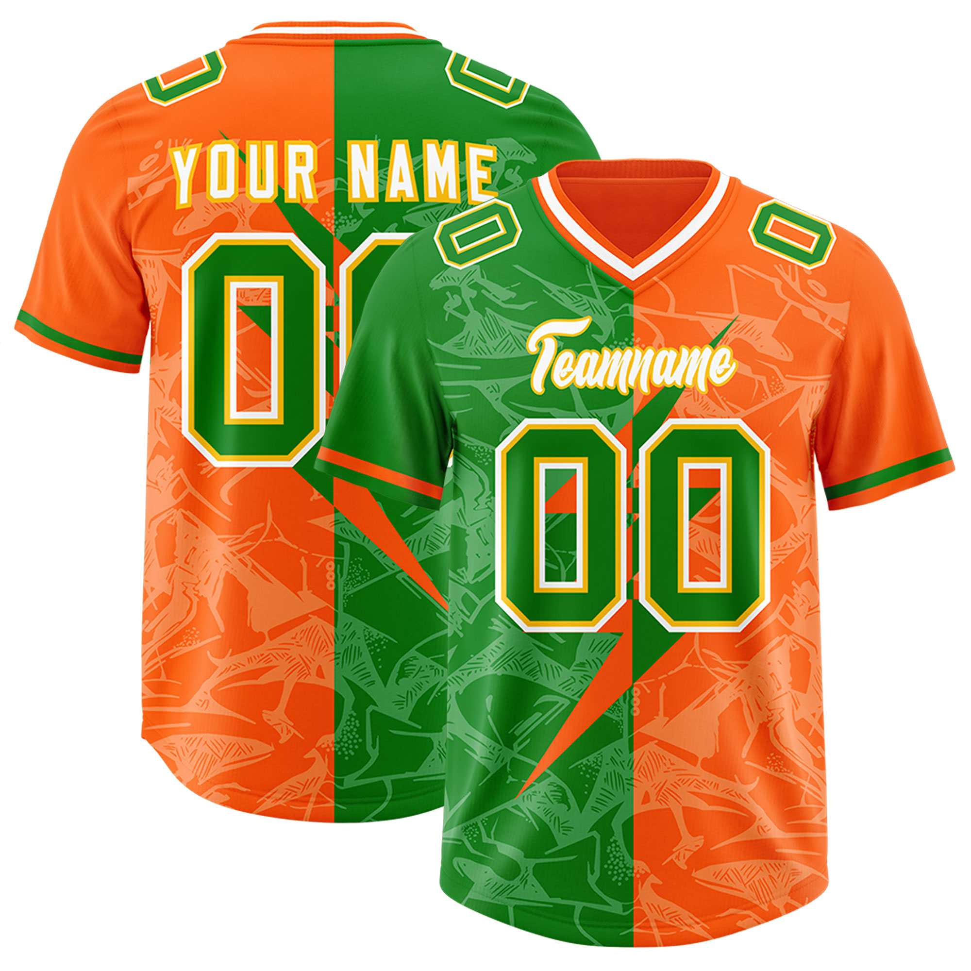Custom Orange Kelly Green Split Personalized Lightning Pattern American Football Jersey