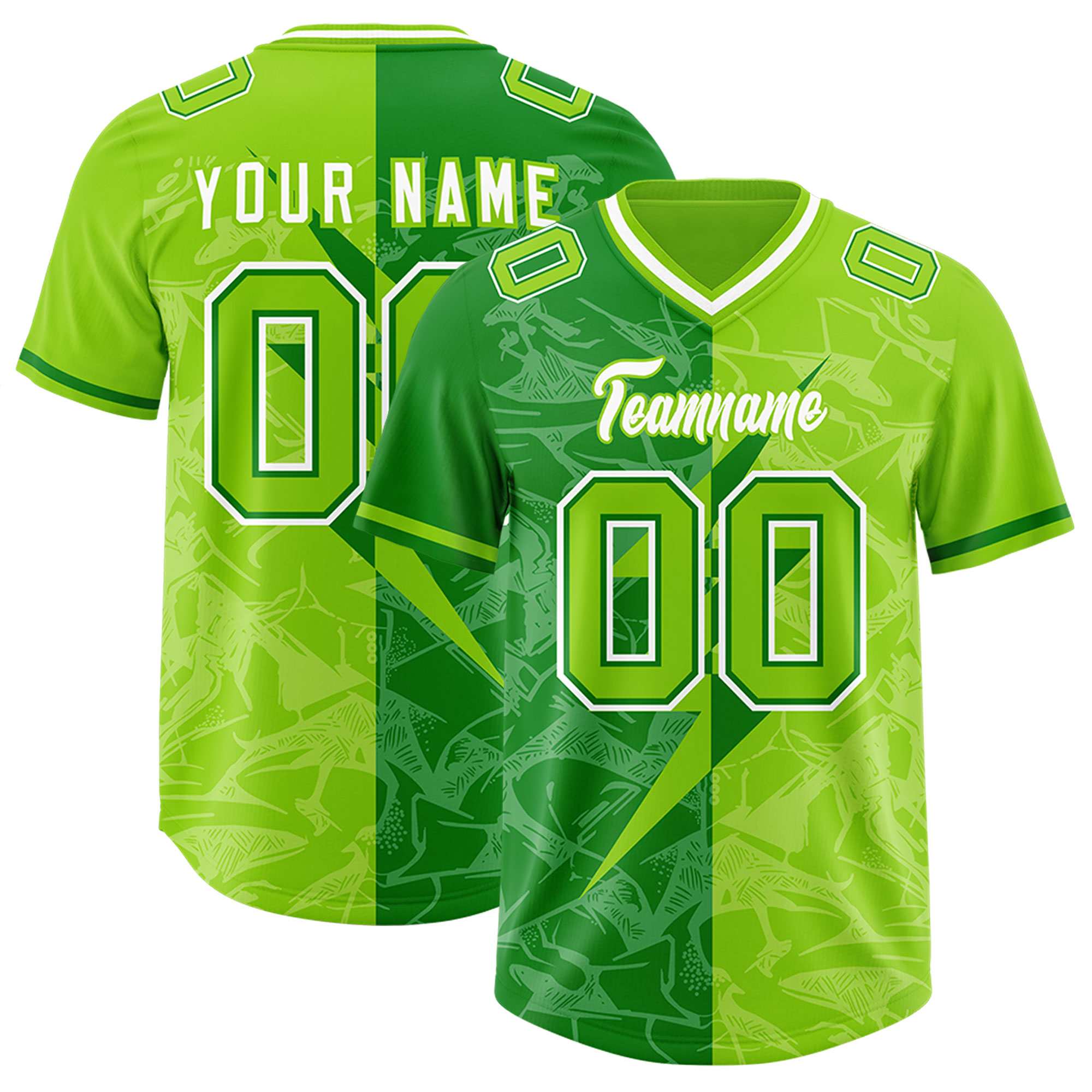 Custom Neon Green Kelly Green Split Personalized Lightning Pattern American Football Jersey