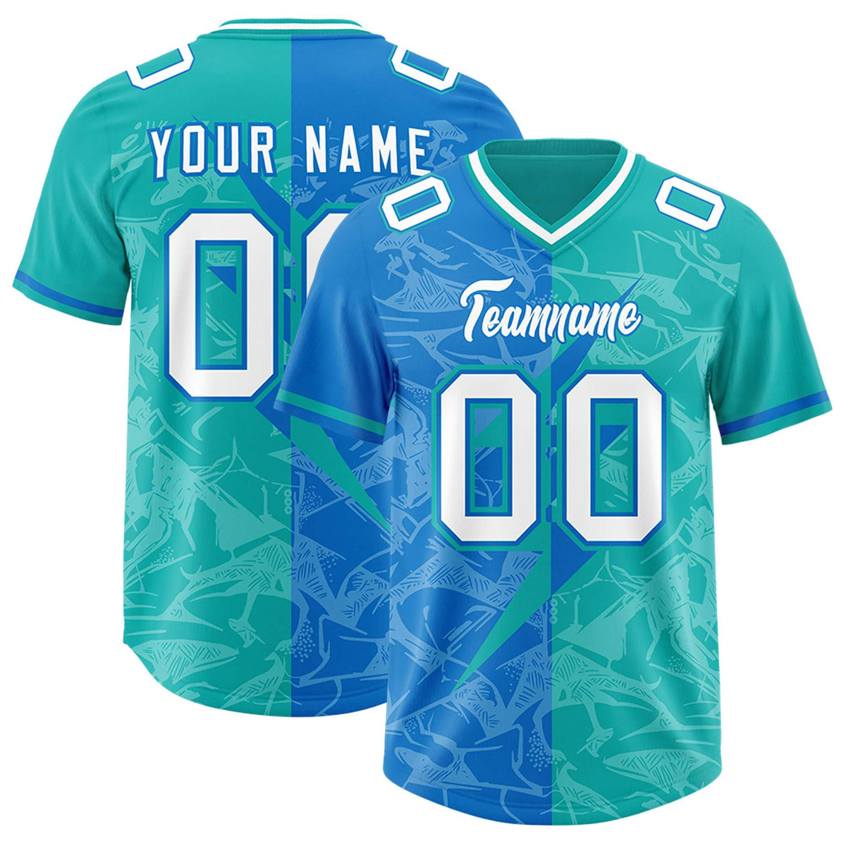Custom Panther Blue Aqua Split Personalized Lightning Pattern American Football Jersey