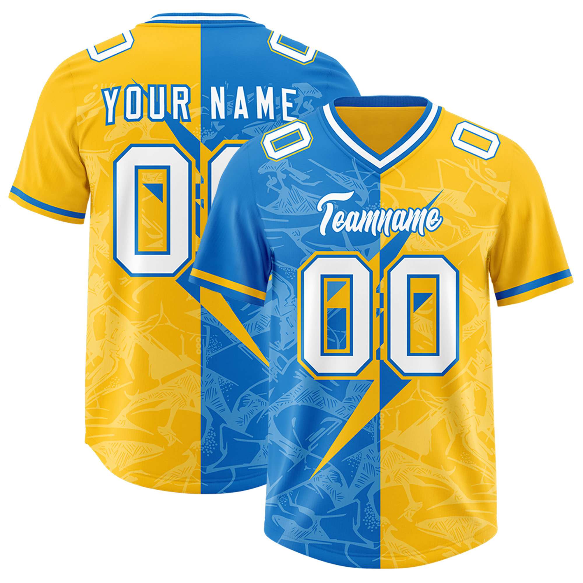 Custom Panther Blue Gold Split Personalized Lightning Pattern American Football Jersey