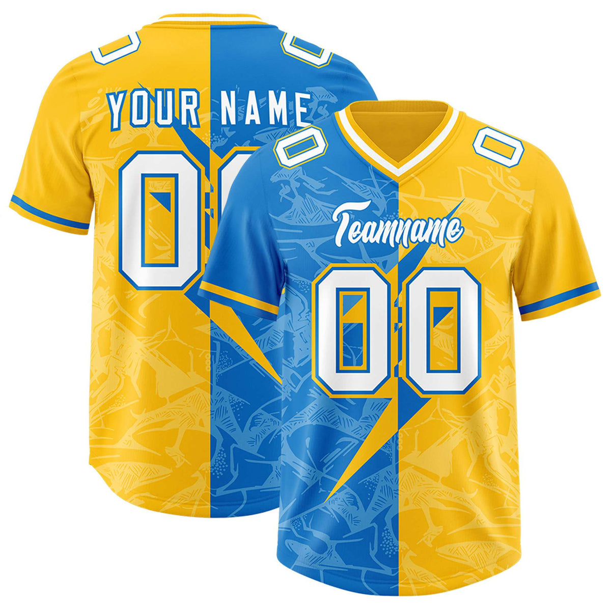 Custom Panther Blue Yellow Split Personalized Lightning Pattern American Football Jersey