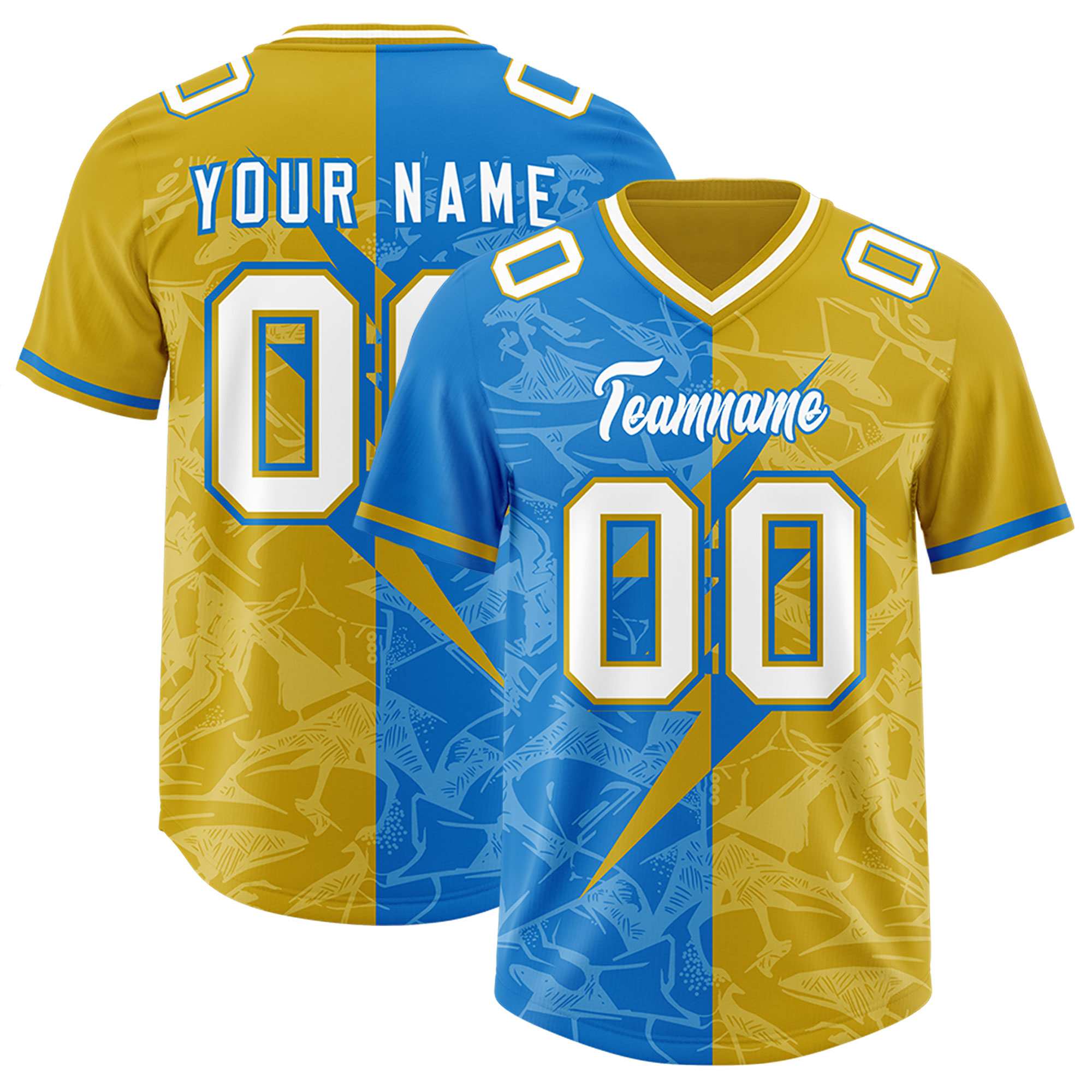 Custom Panther Blue Old Gold Split Personalized Lightning Pattern American Football Jersey