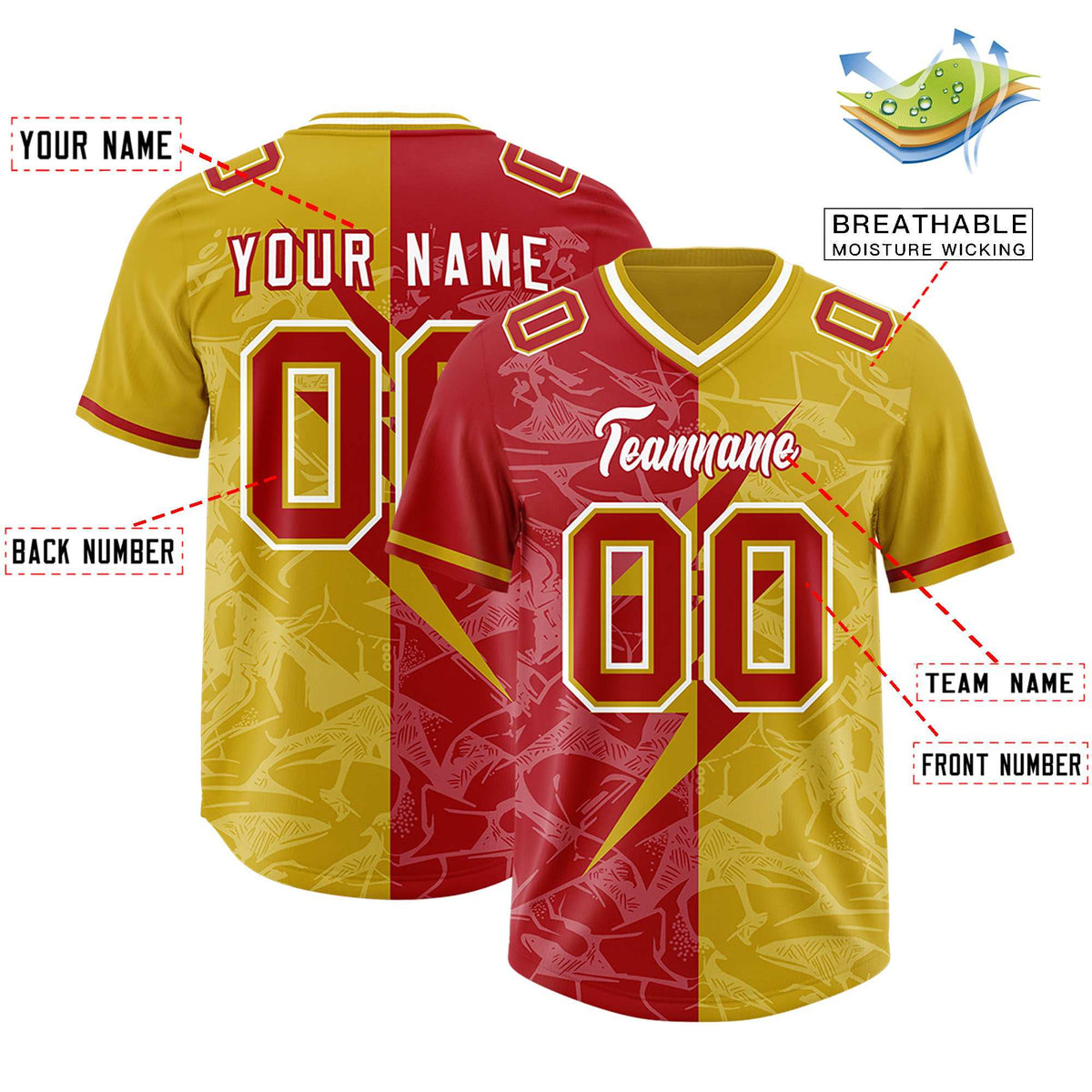 Custom Old Gold Red Split Personalized Lightning Pattern American Football Jersey