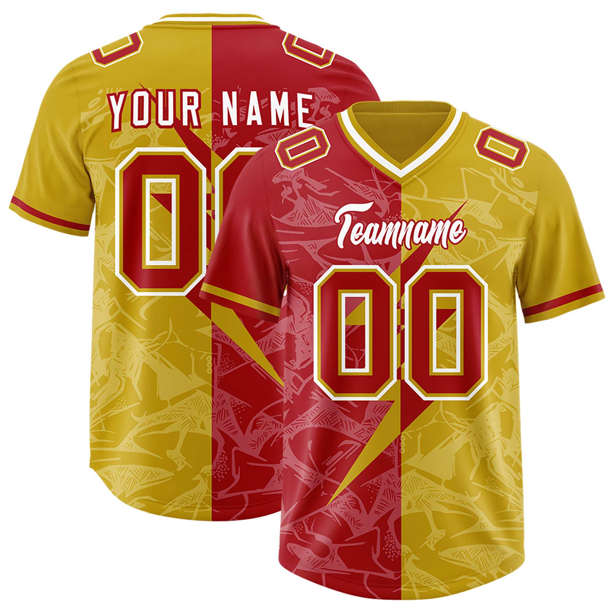 Custom Old Gold Red Split Personalized Lightning Pattern American Football Jersey