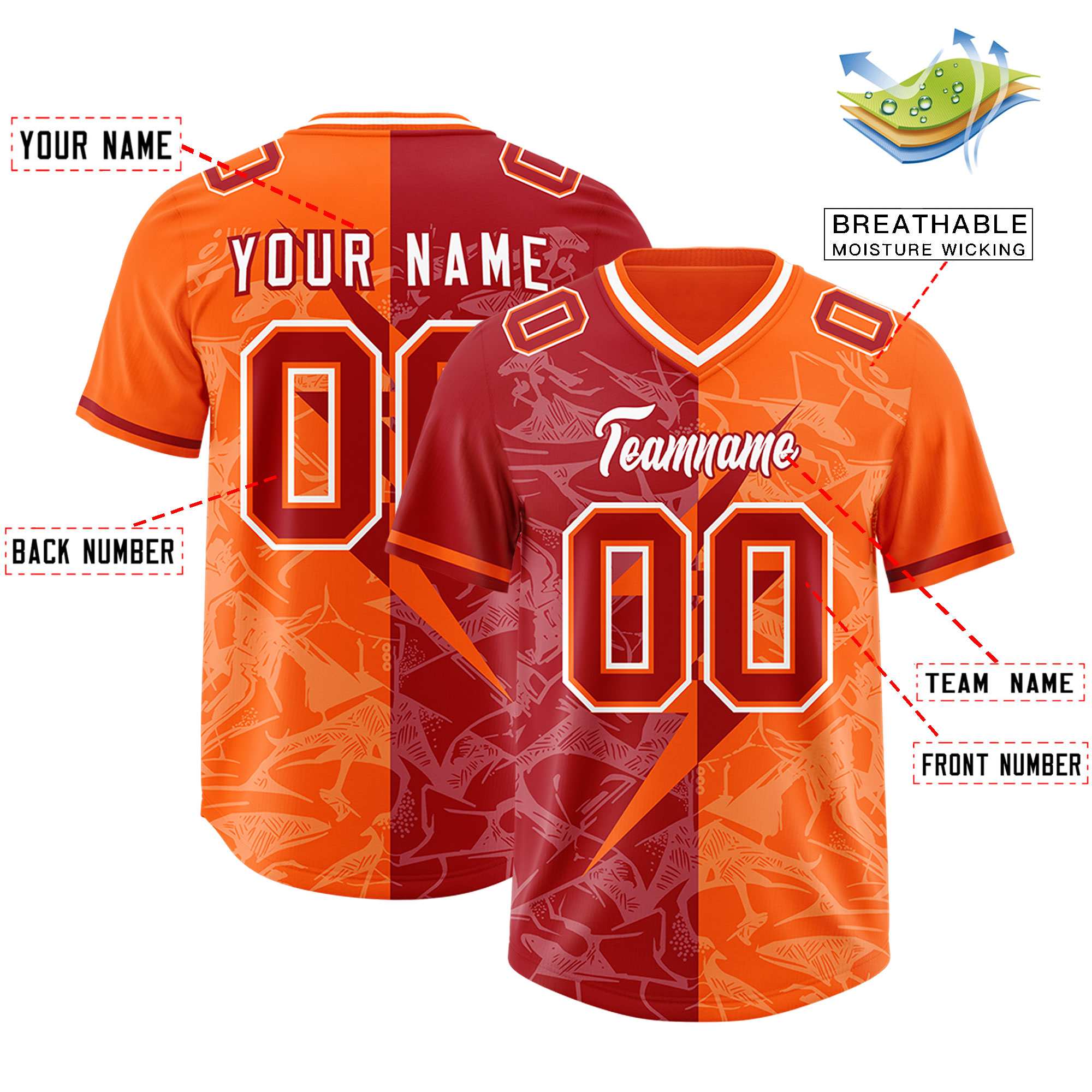Custom Red Orange Split Personalized Lightning Pattern American Football Jersey