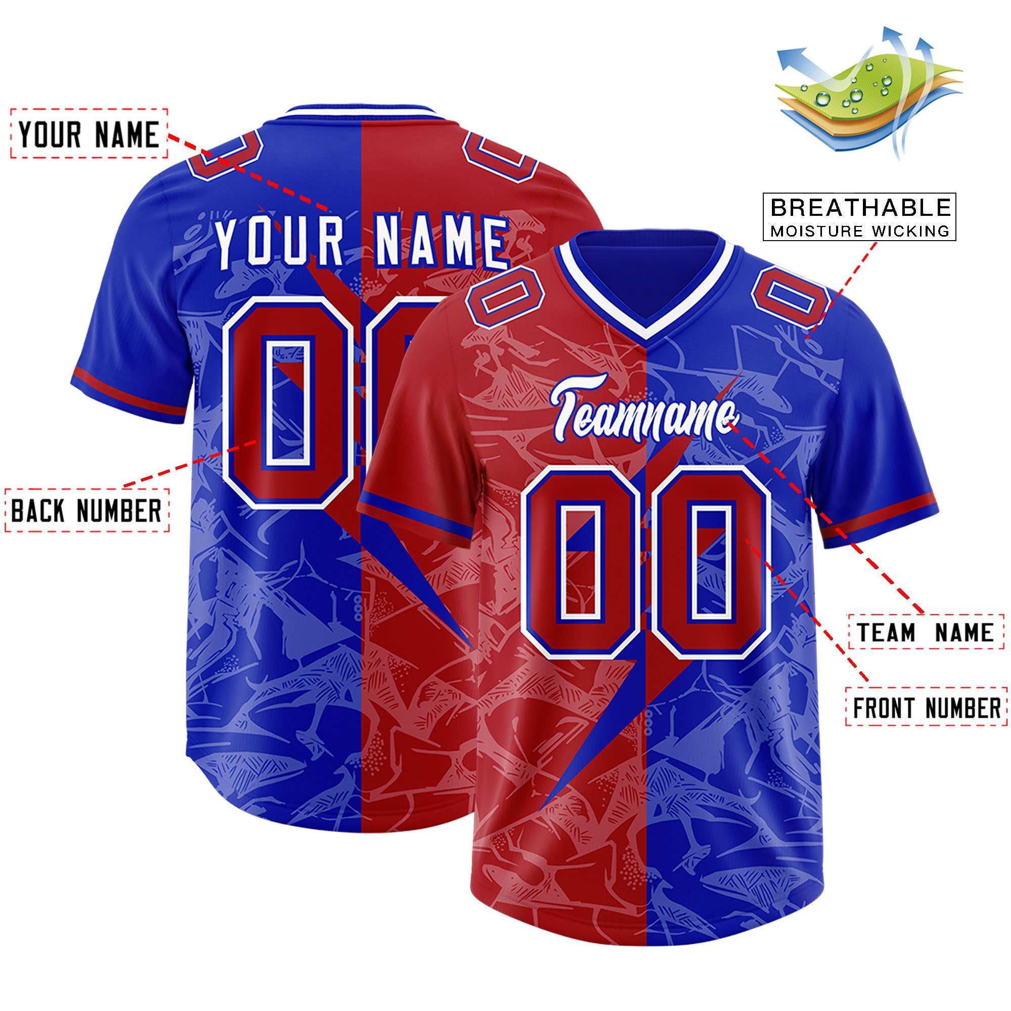 Custom Royal Red Split Personalized Lightning Pattern American Football Jersey