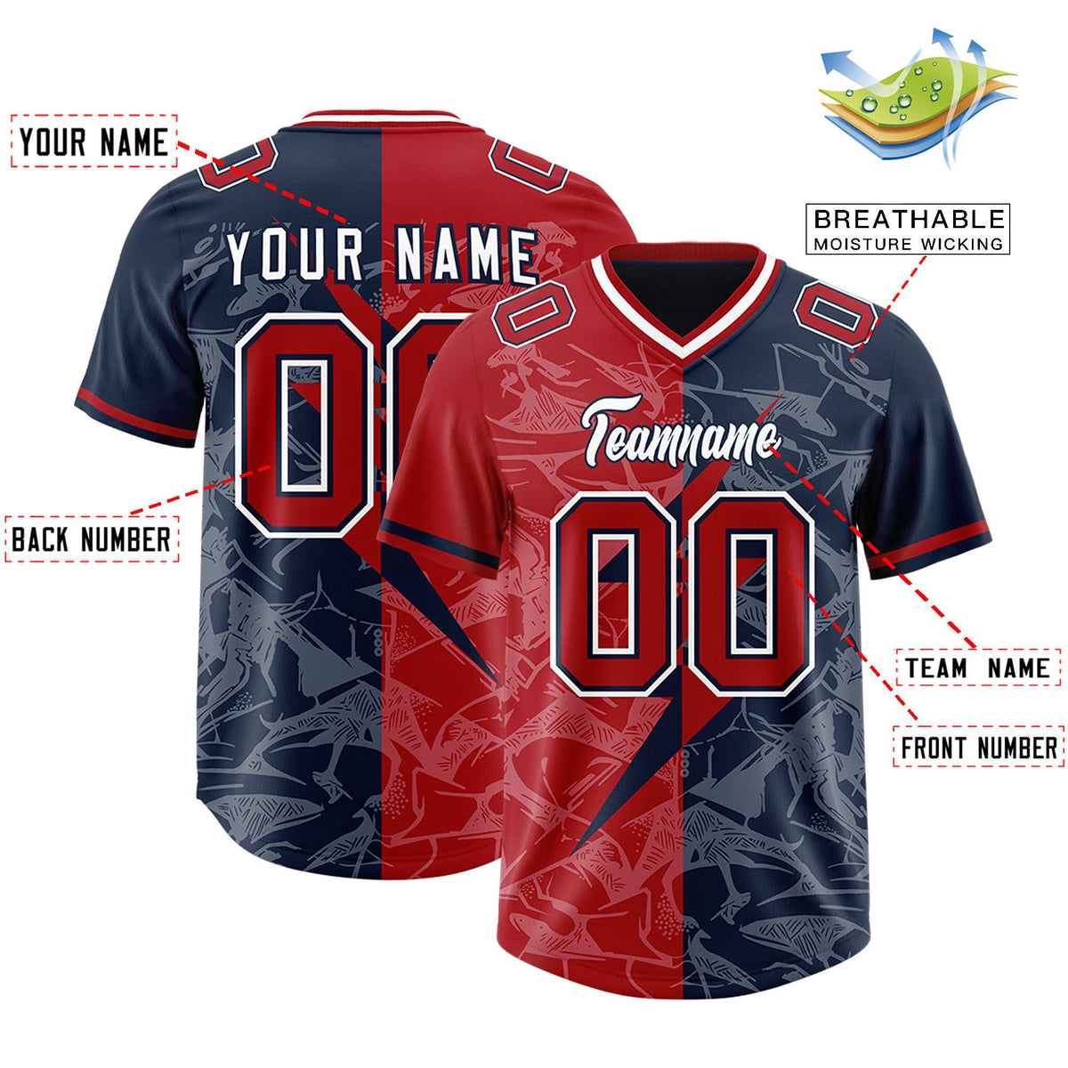 Custom Navy Red Split Personalized Lightning Pattern American Football Jersey