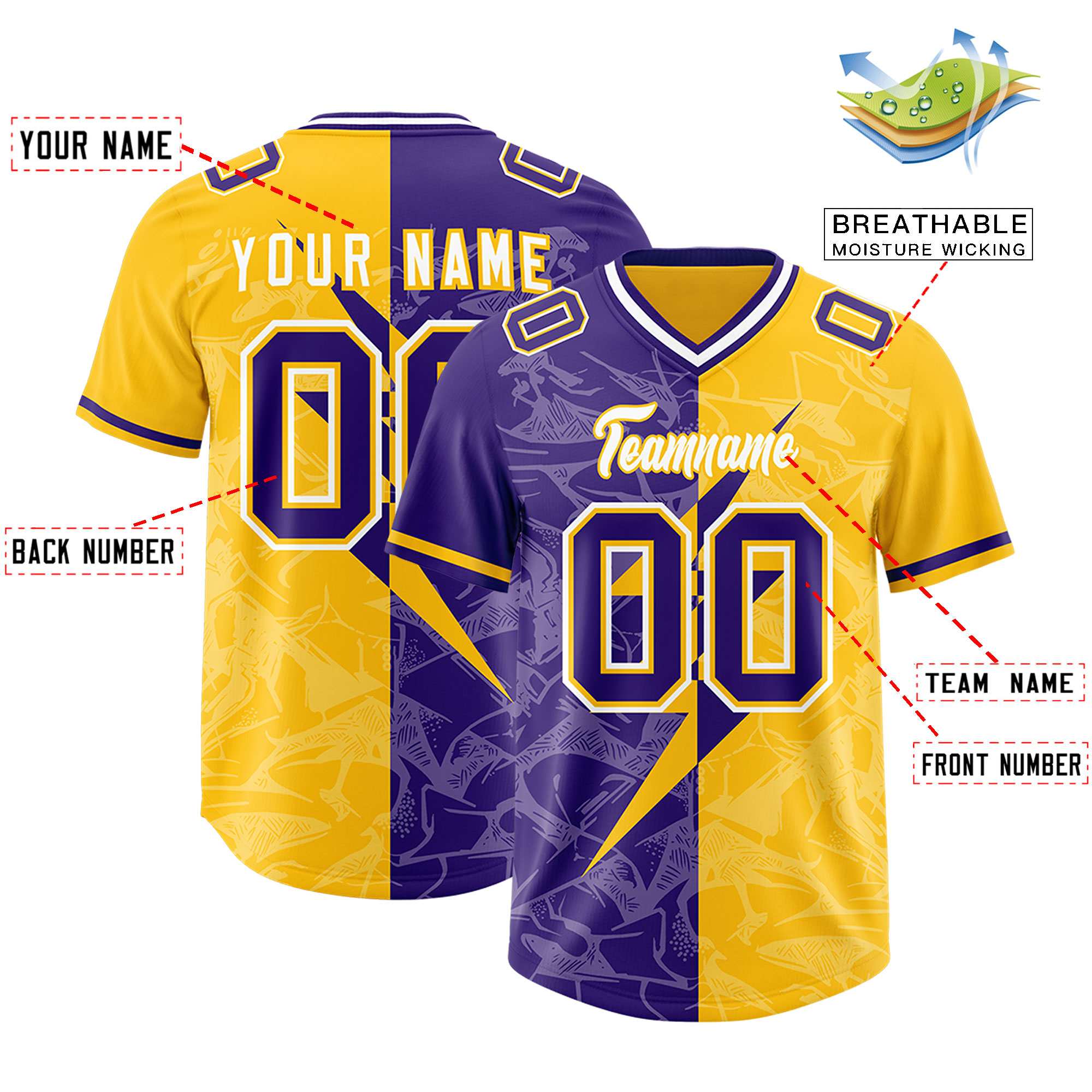 Custom Yellow Purple Split Personalized Lightning Pattern American Football Jersey
