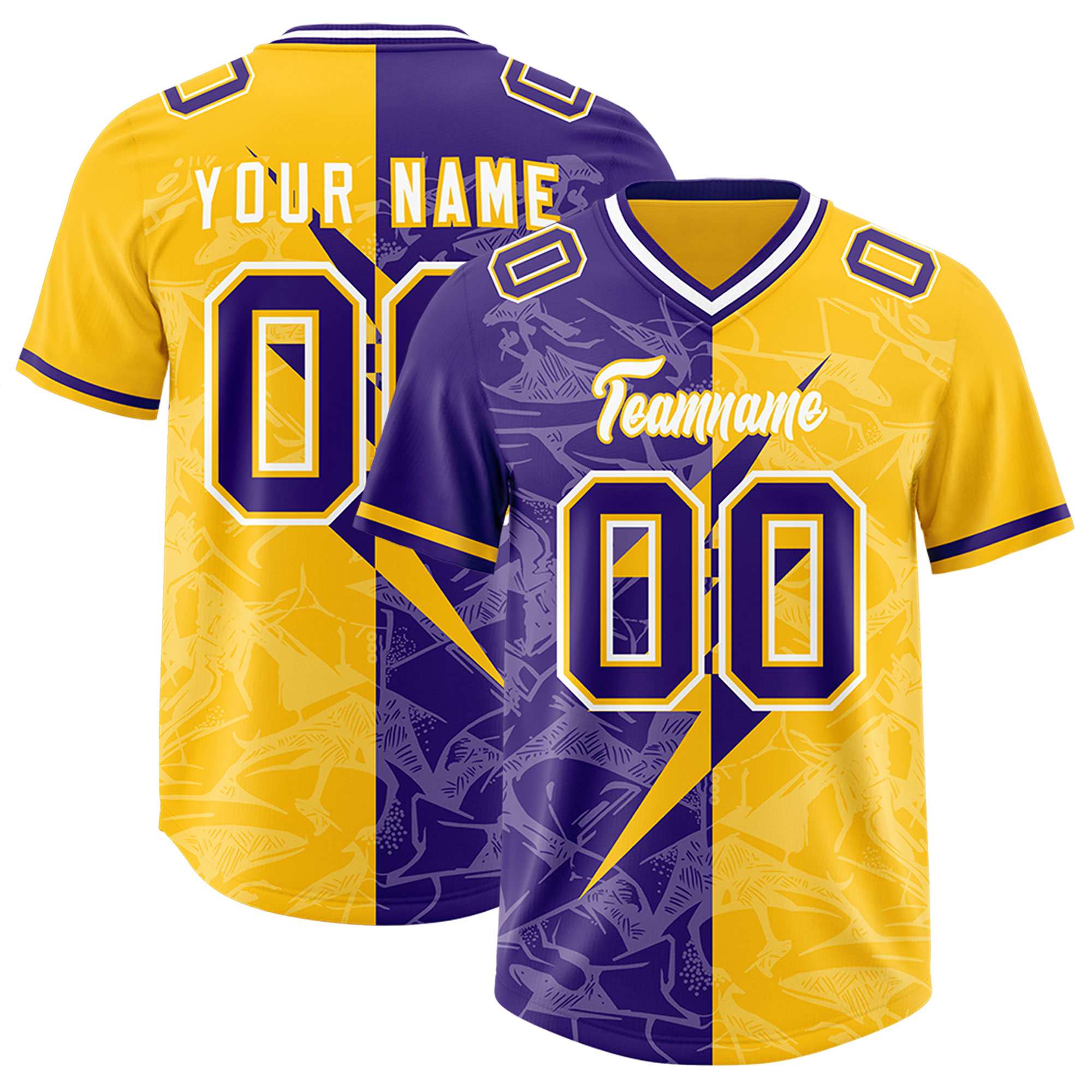 Custom Yellow Purple Split Personalized Lightning Pattern American Football Jersey