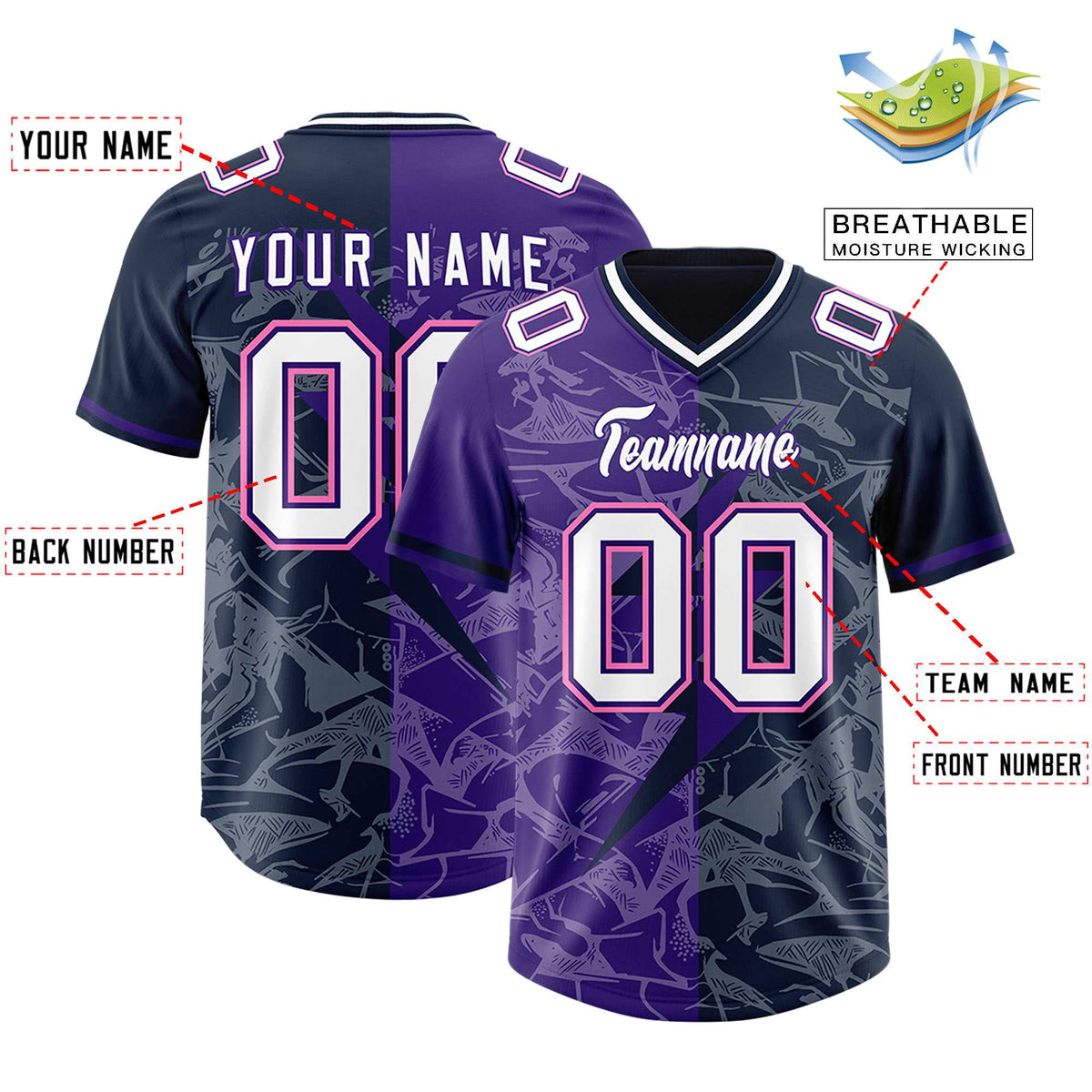 Custom Navy Purple Split Personalized Lightning Pattern American Football Jersey