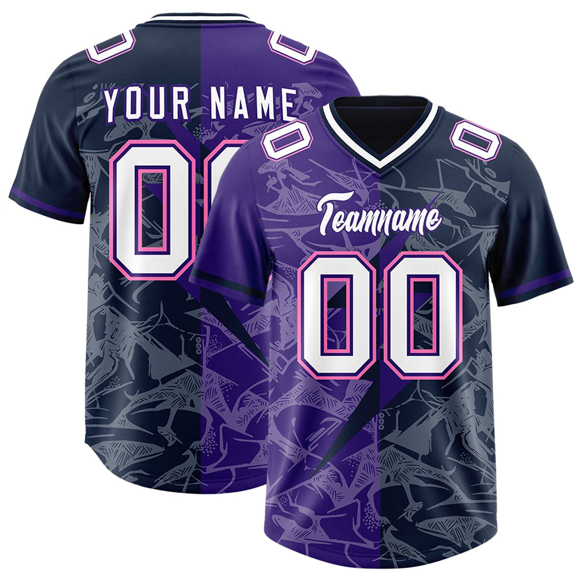 Custom Navy Purple Split Personalized Lightning Pattern American Football Jersey