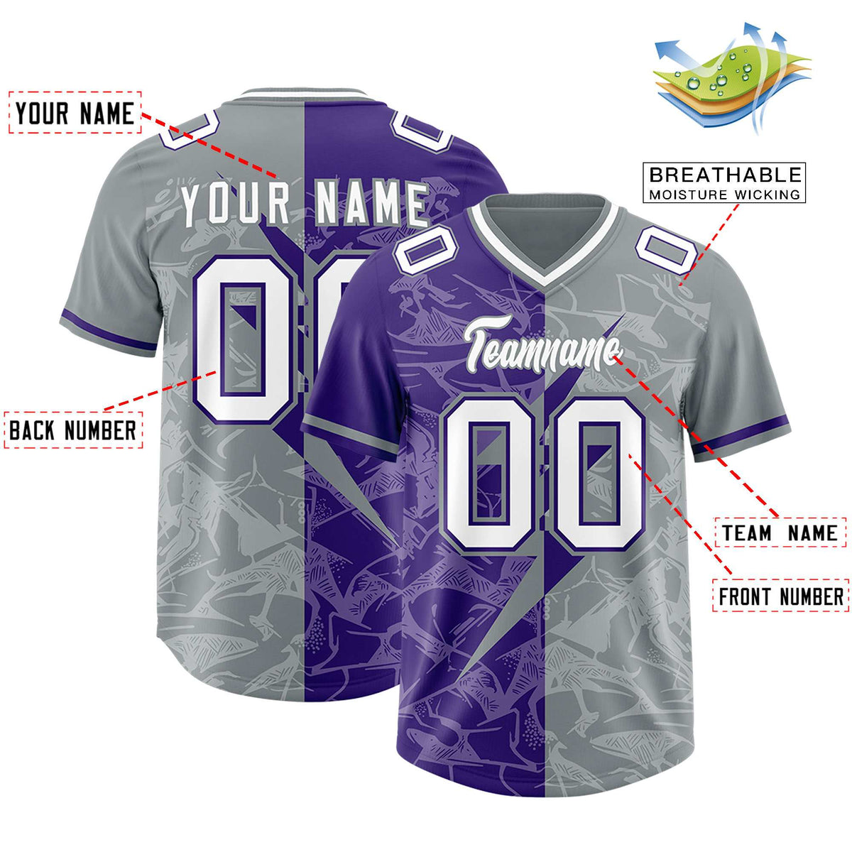 Custom Purple Gray Split Personalized Lightning Pattern American Football Jersey