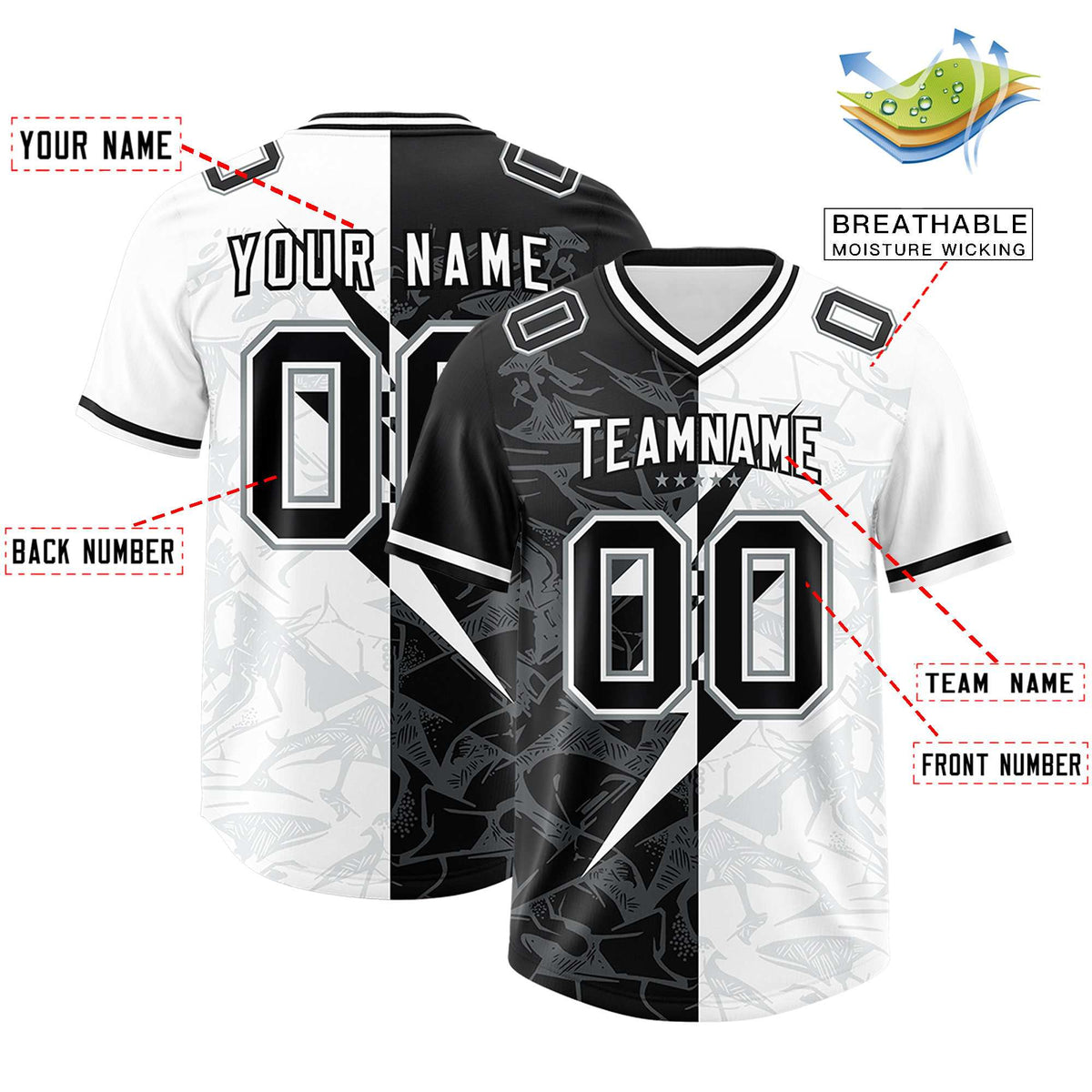 Custom White Black Split Personalized Lightning Pattern American Football Jersey