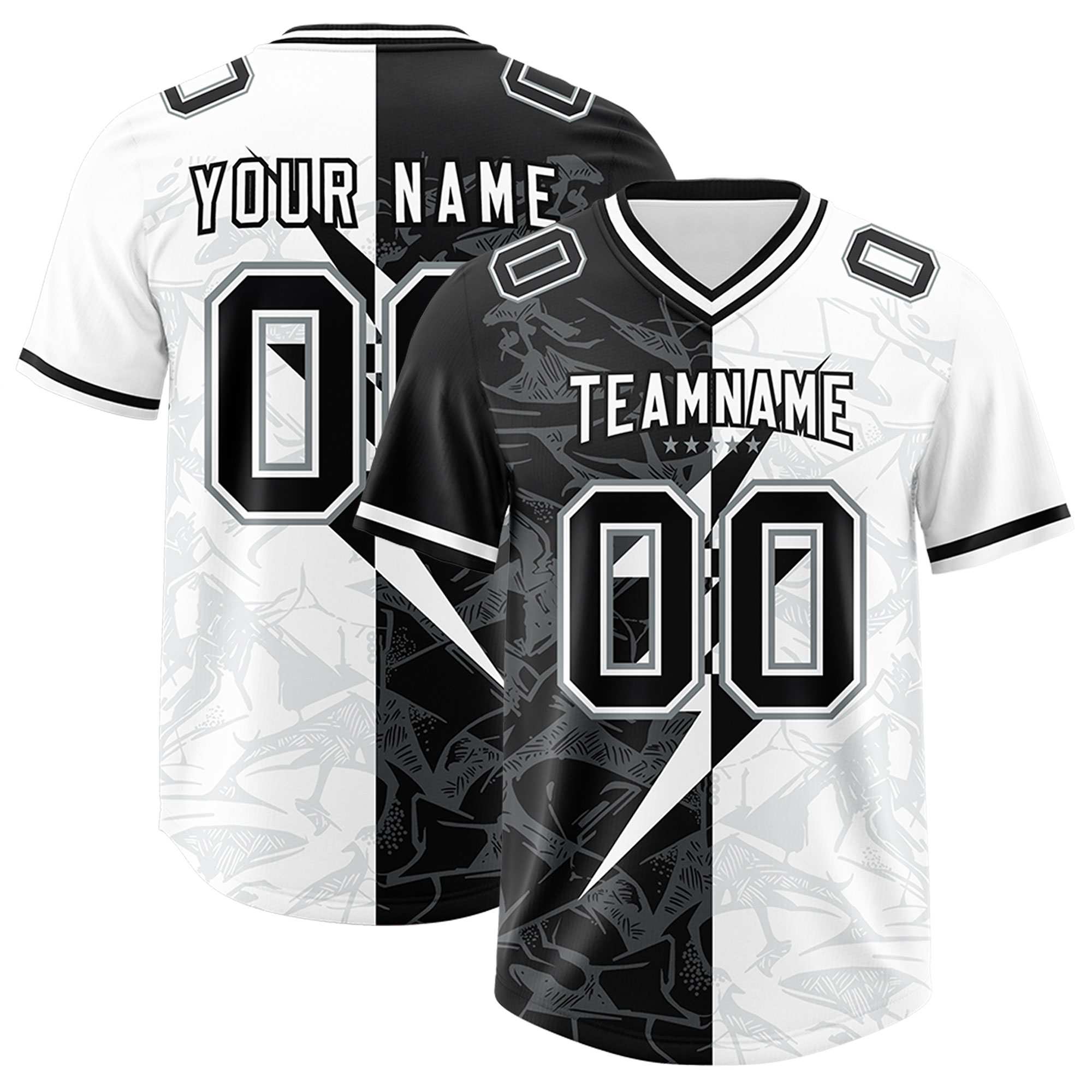 Custom White Black Split Personalized Lightning Pattern American Football Jersey