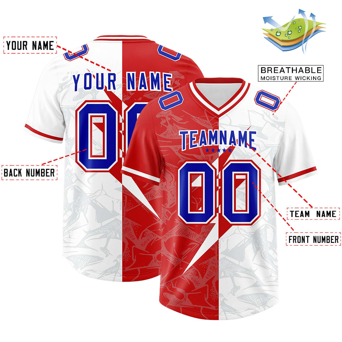Custom White Red Split Personalized Lightning Pattern American Football Jersey