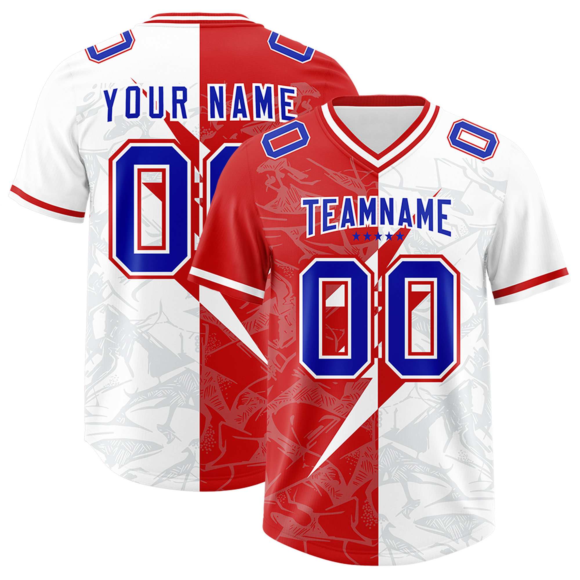 Custom White Red Split Personalized Lightning Pattern American Football Jersey