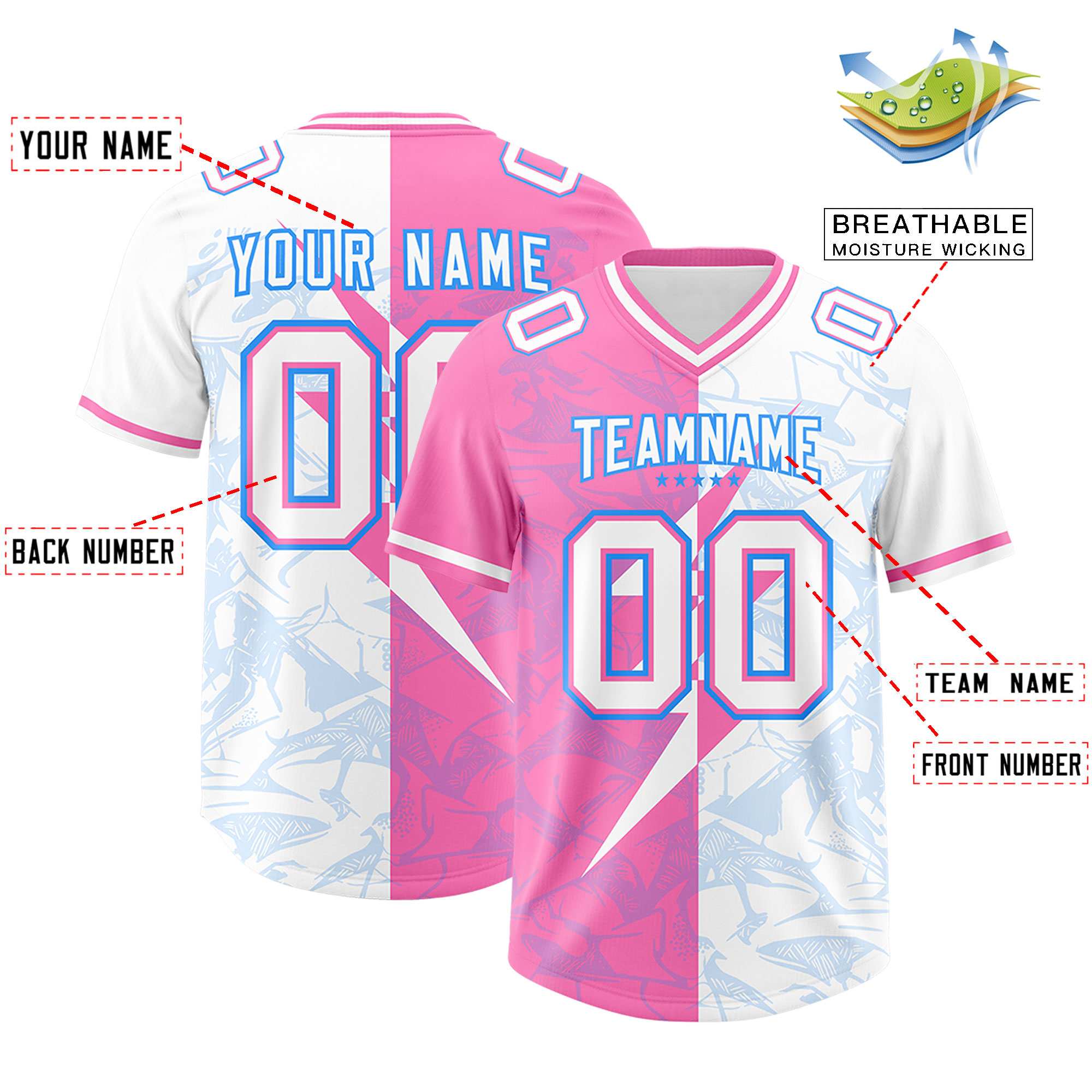 Custom White Pink Split Personalized Lightning Pattern American Football Jersey
