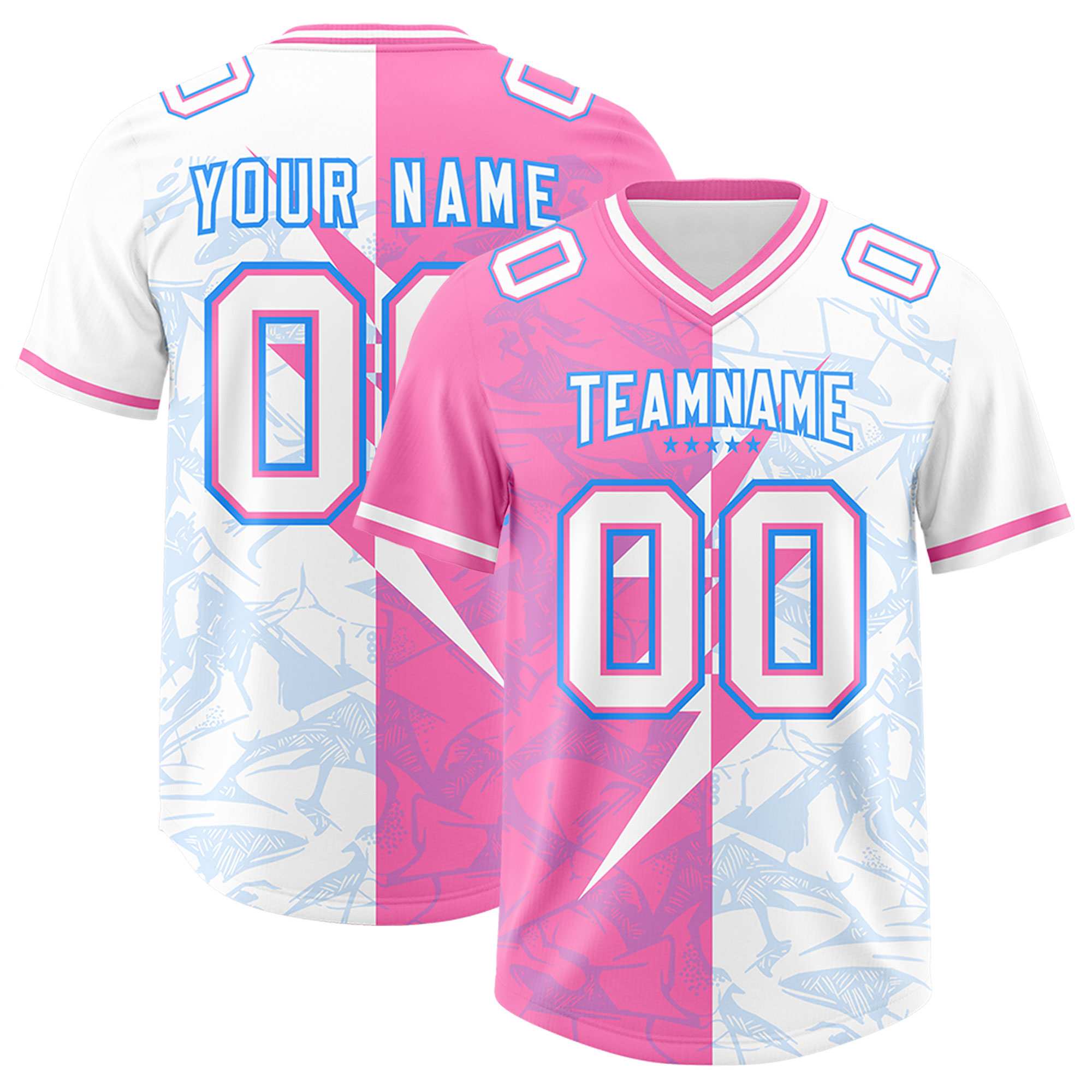 Custom White Pink Split Personalized Lightning Pattern American Football Jersey
