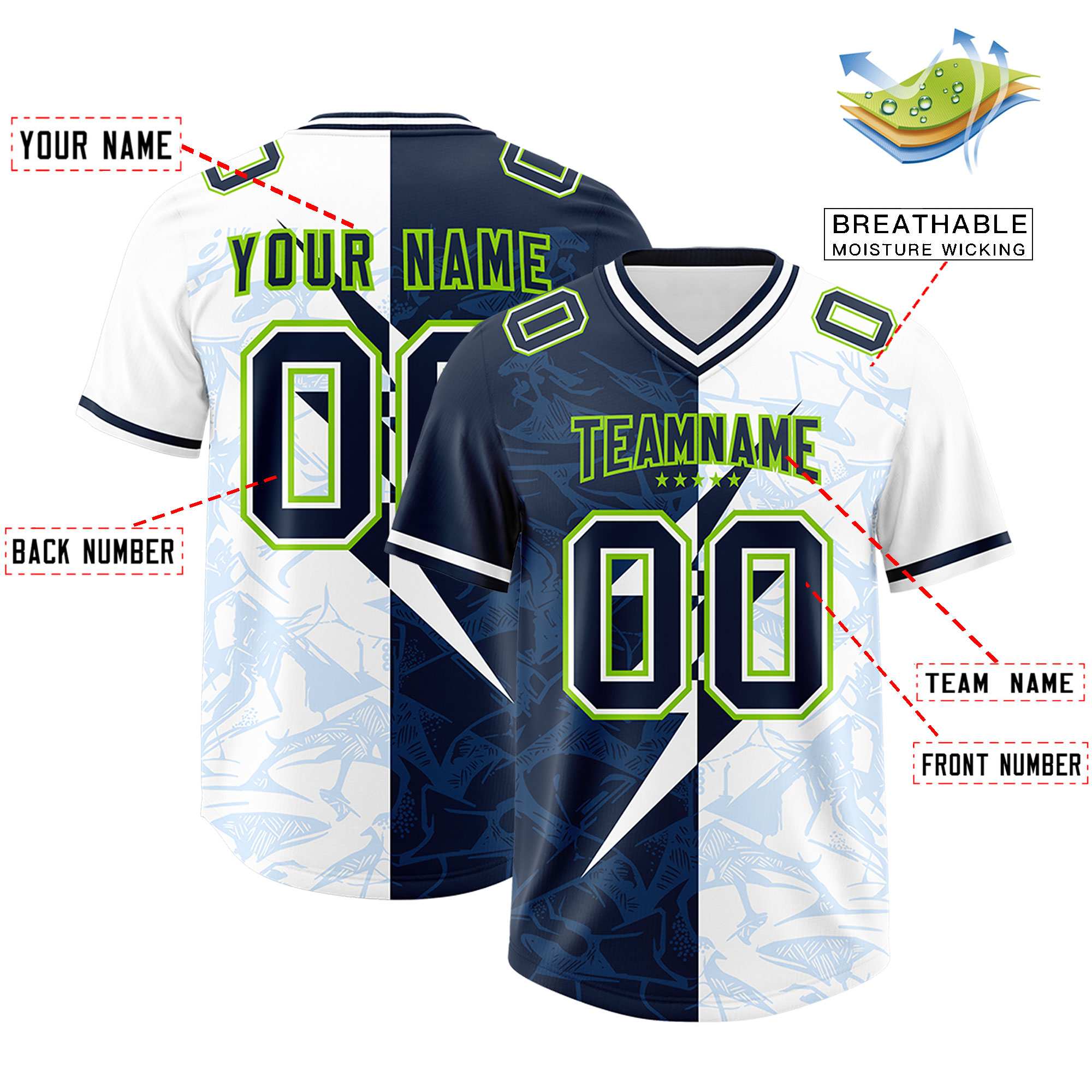 Custom White Navy Split Personalized Lightning Pattern American Football Jersey