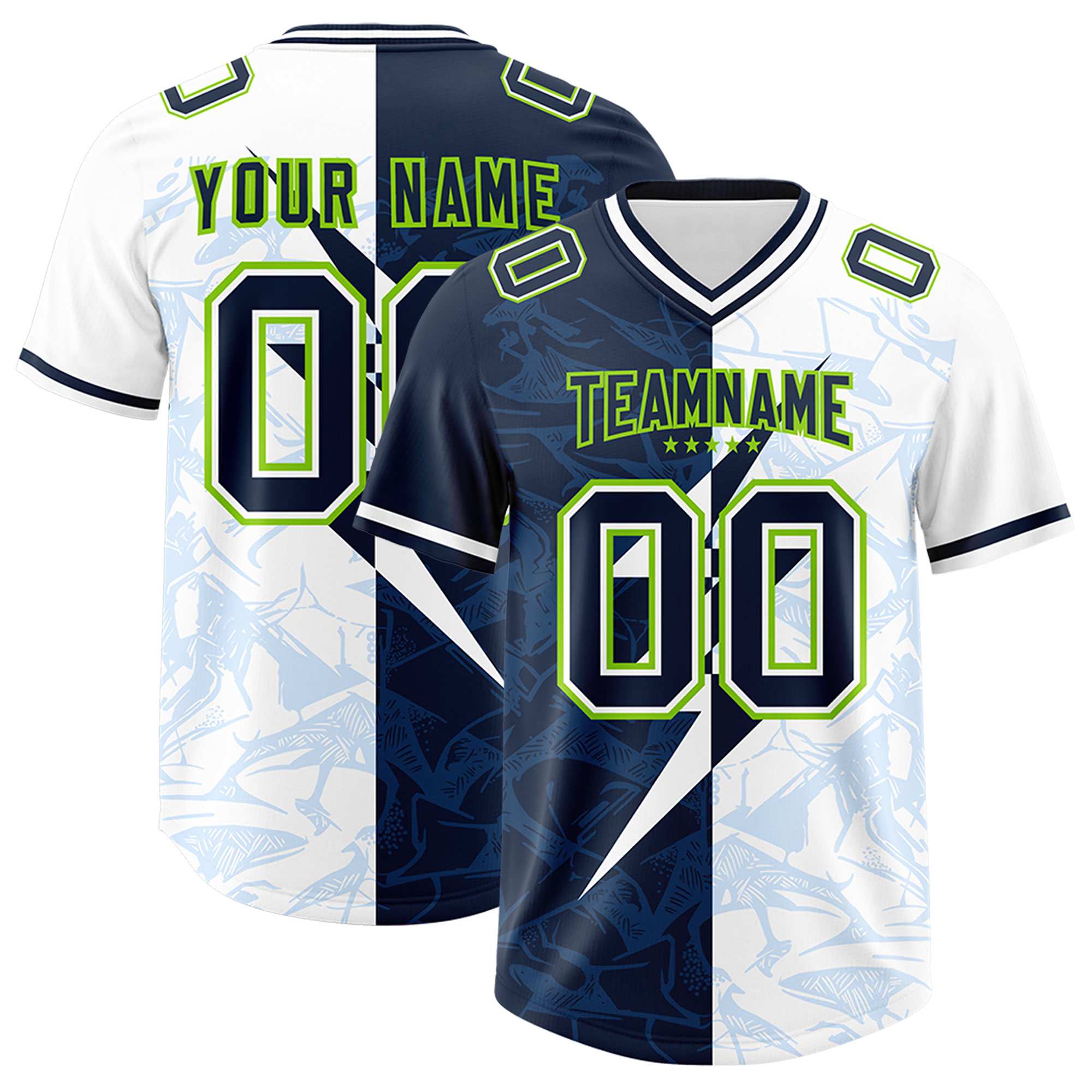 Custom White Navy Split Personalized Lightning Pattern American Football Jersey