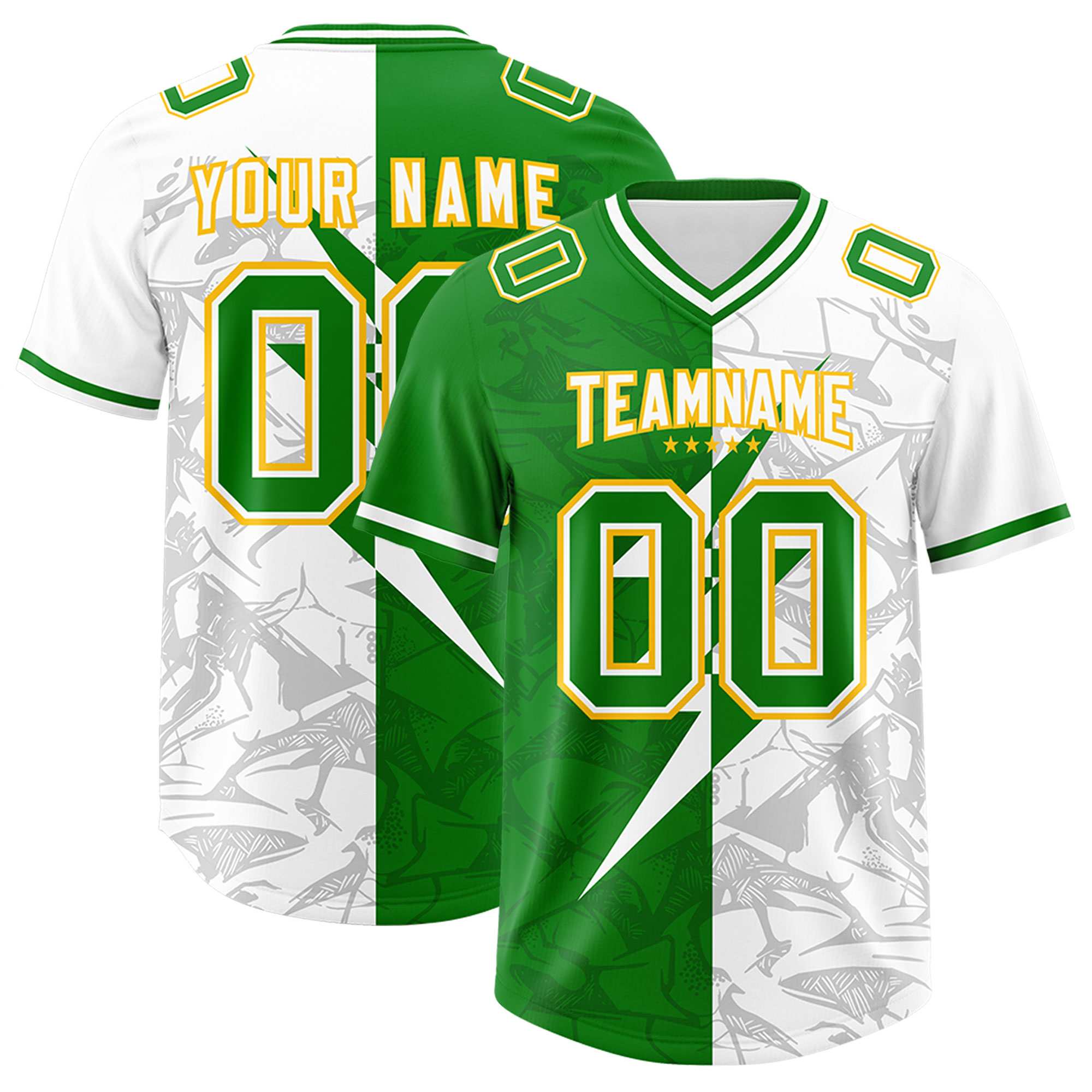 Custom Kelly Green White Split Personalized Lightning Pattern American Football Jersey