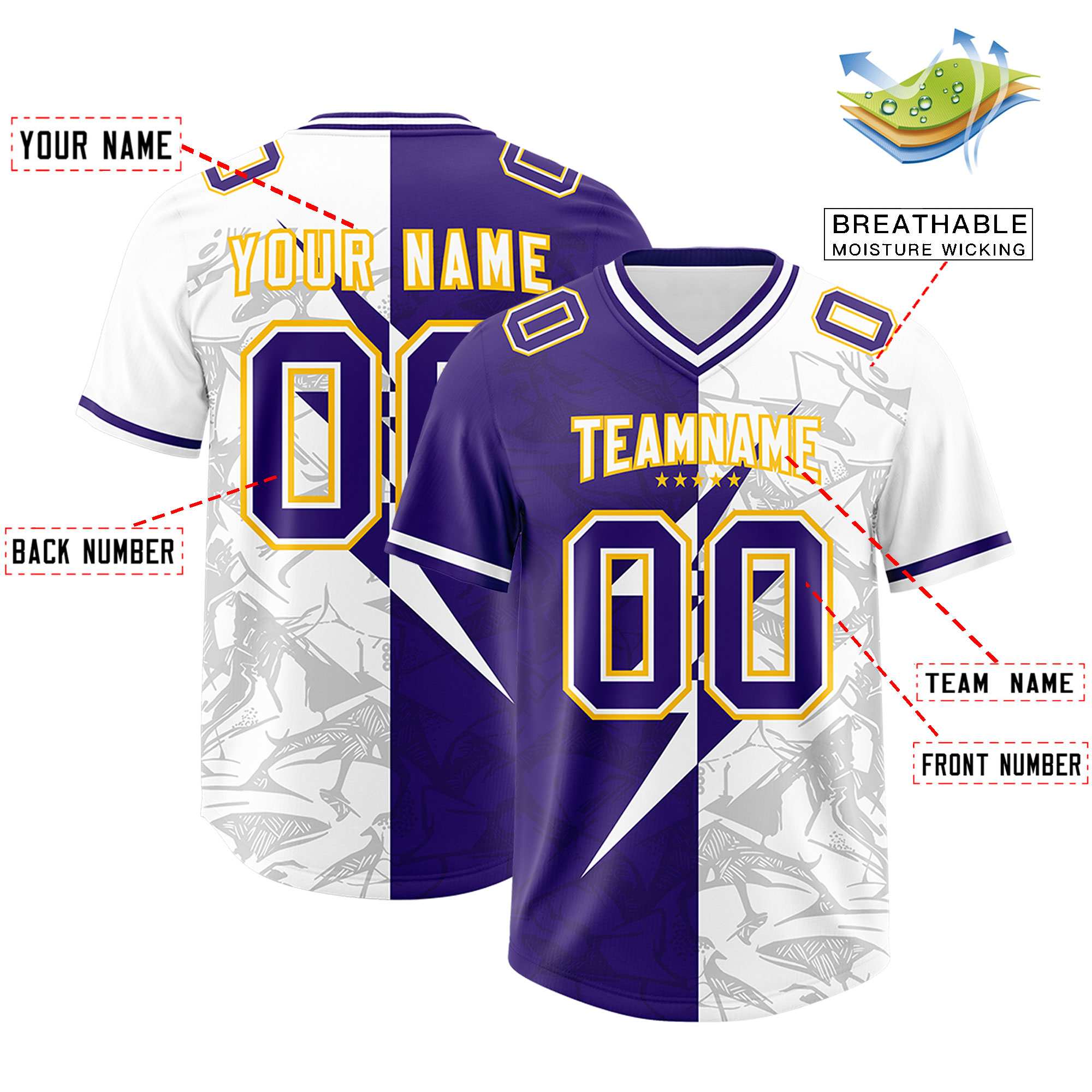 Custom Purple White Split Personalized Lightning Pattern American Football Jersey