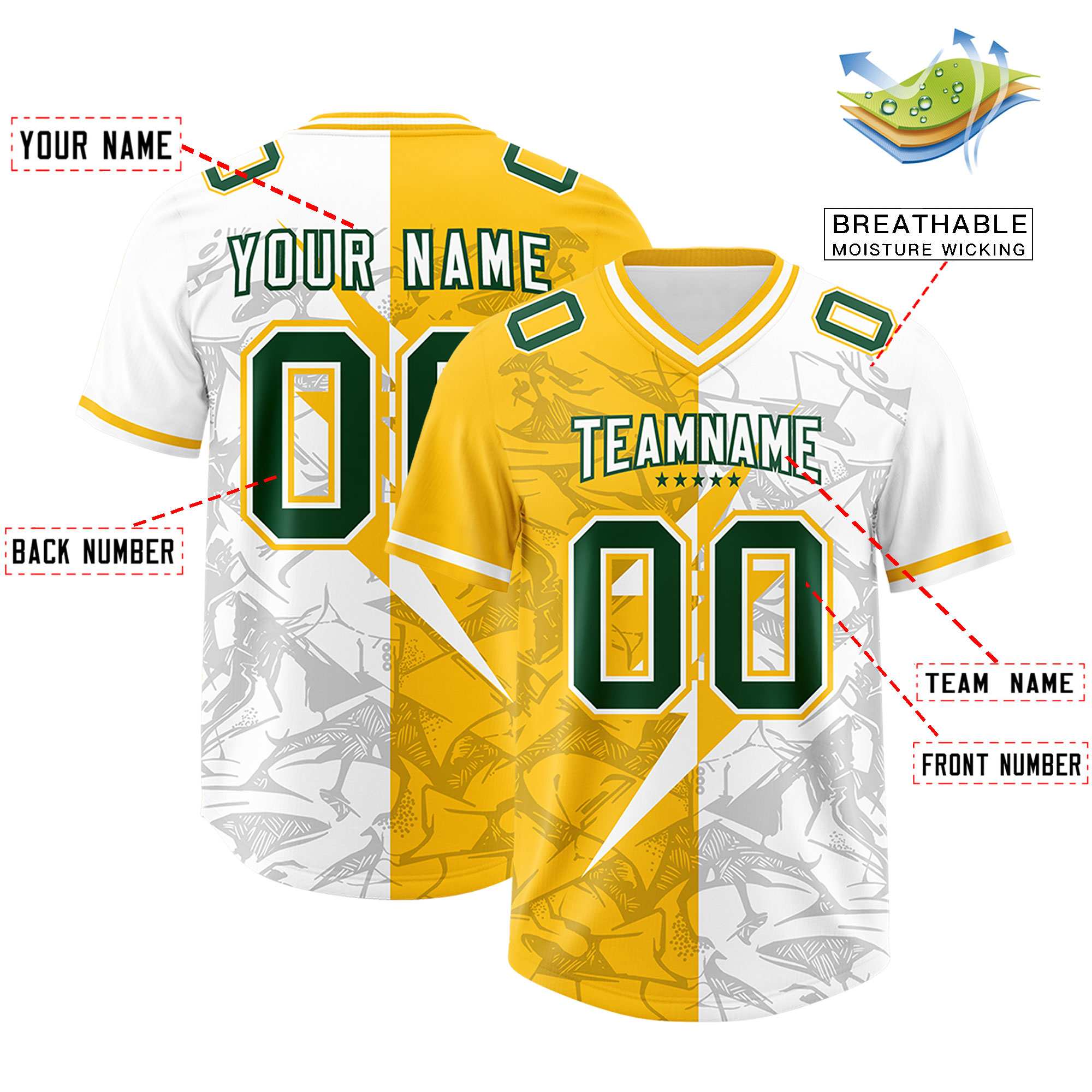 Custom Yellow White Split Personalized Lightning Pattern American Football Jersey