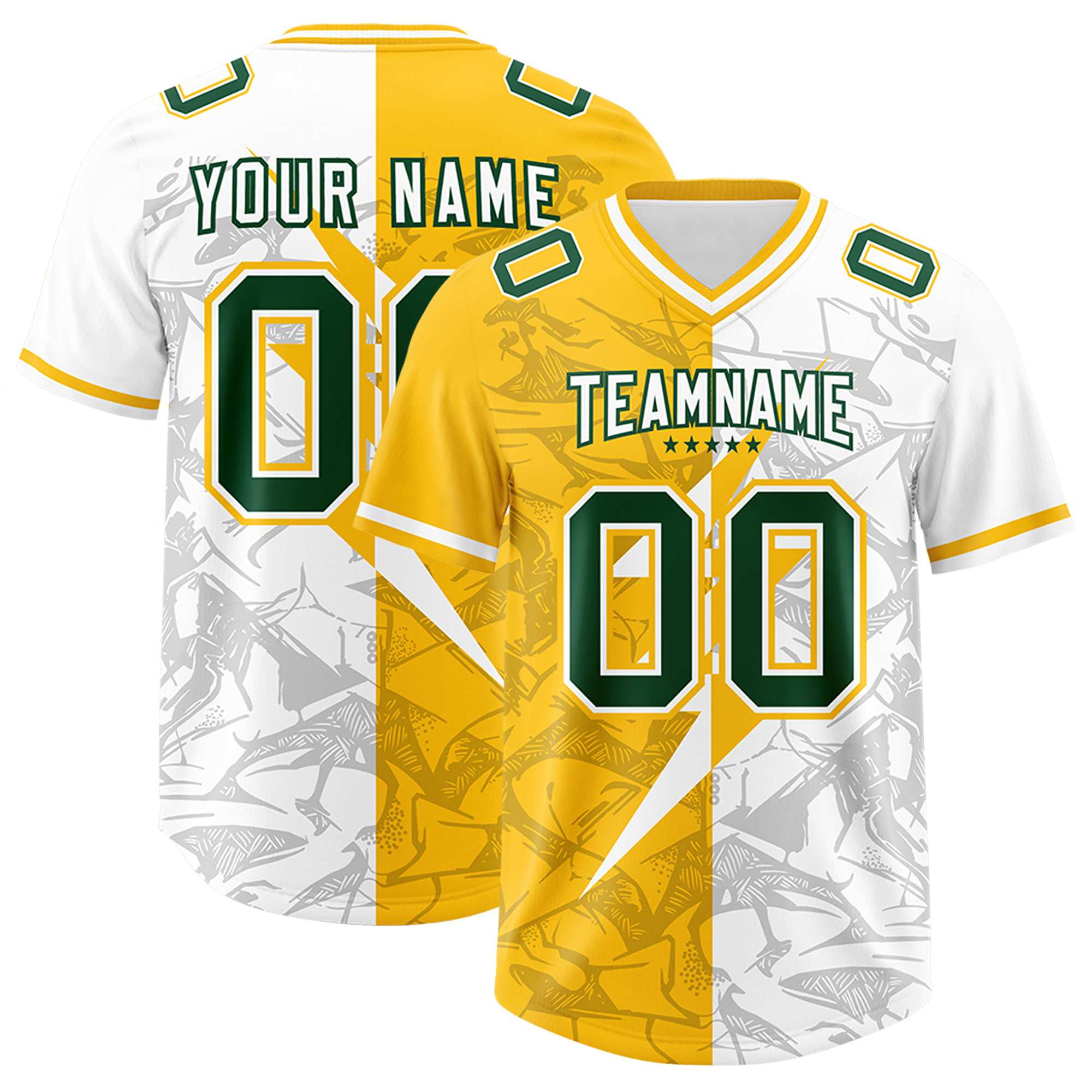 Custom Yellow White Split Personalized Lightning Pattern American Football Jersey