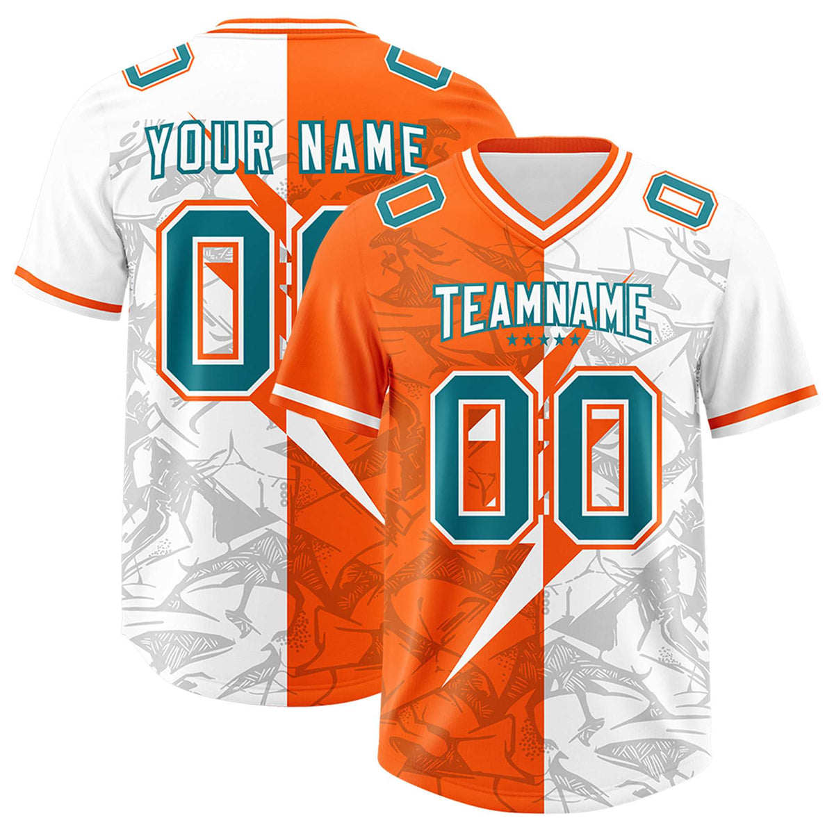 Custom Orange White Split Personalized Lightning Pattern American Football Jersey