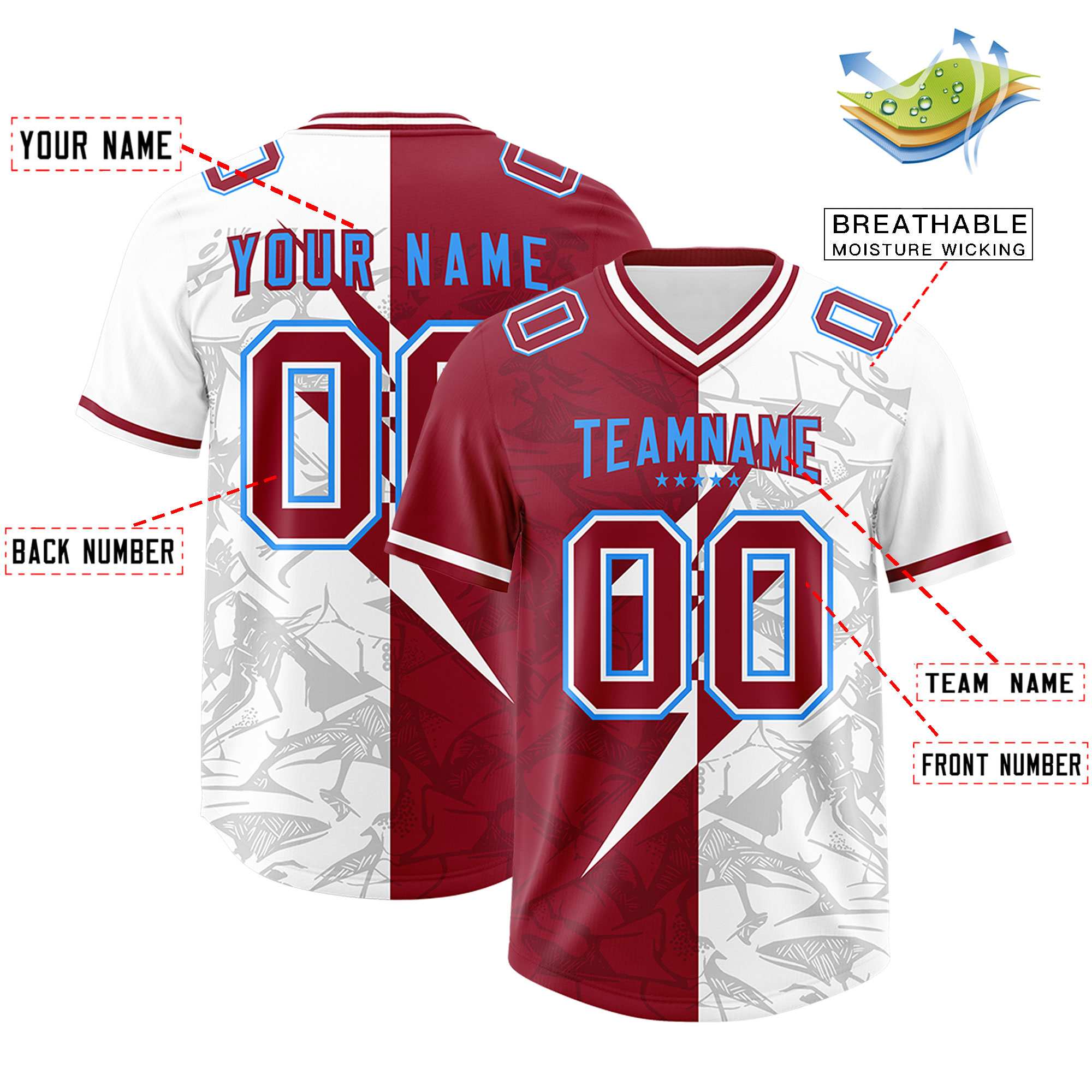 Custom Cardinal White Split Personalized Lightning Pattern American Football Jersey