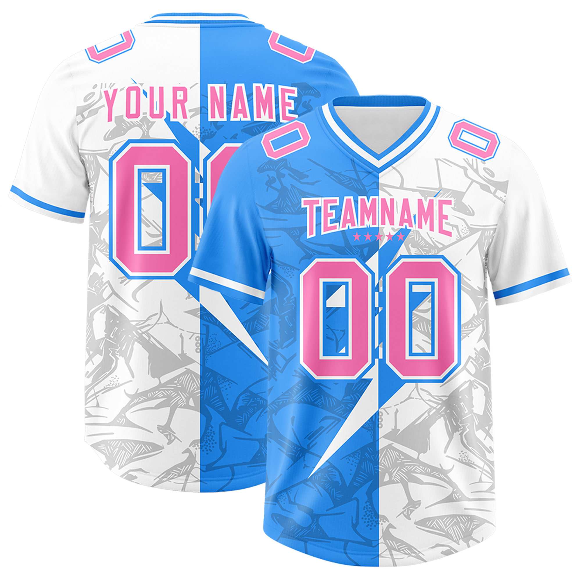 Custom Light Blue White Split Personalized Lightning Pattern American Football Jersey