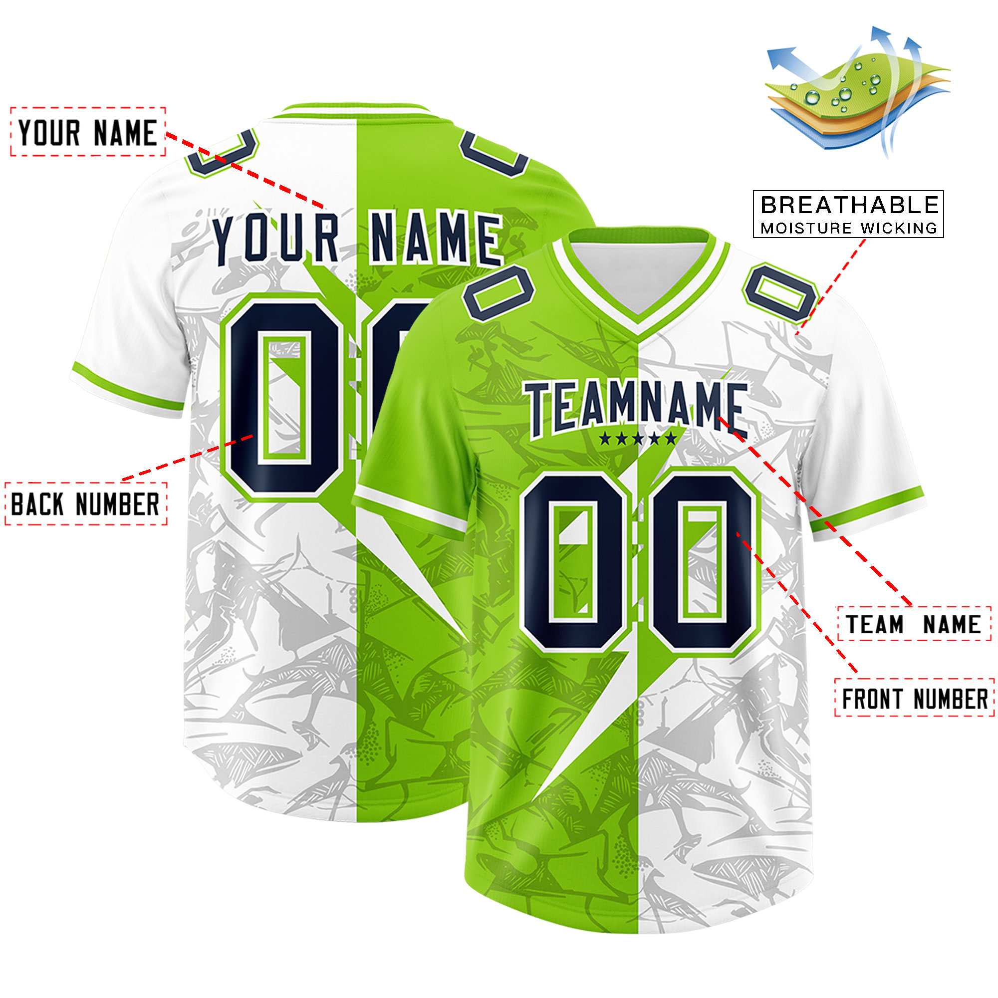 Custom Neon Green White Split Personalized Lightning Pattern American Football Jersey