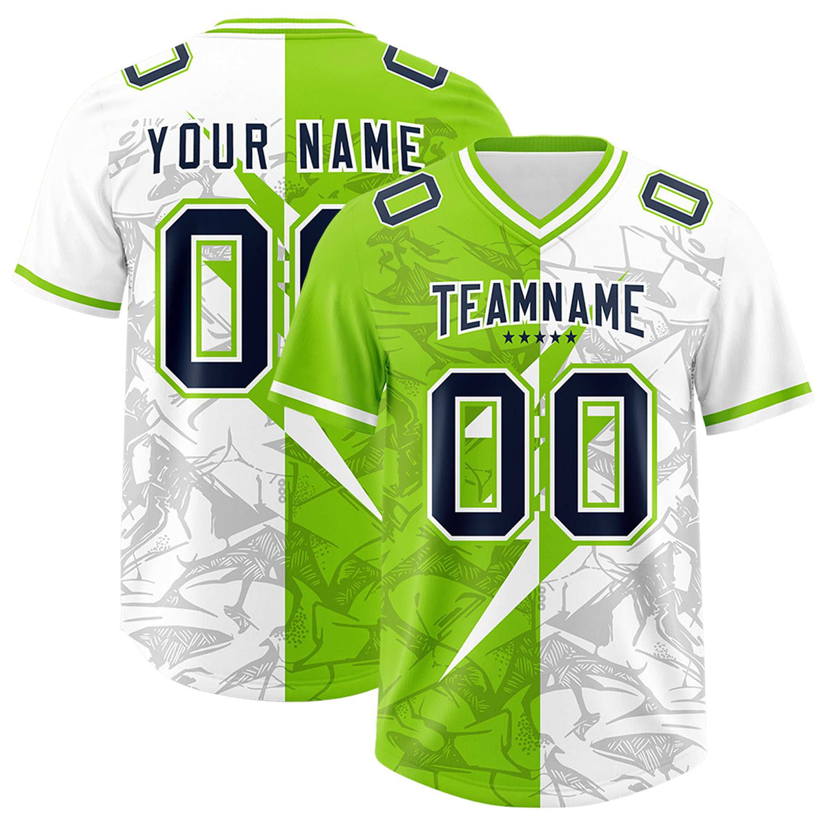 Custom Neon Green White Split Personalized Lightning Pattern American Football Jersey