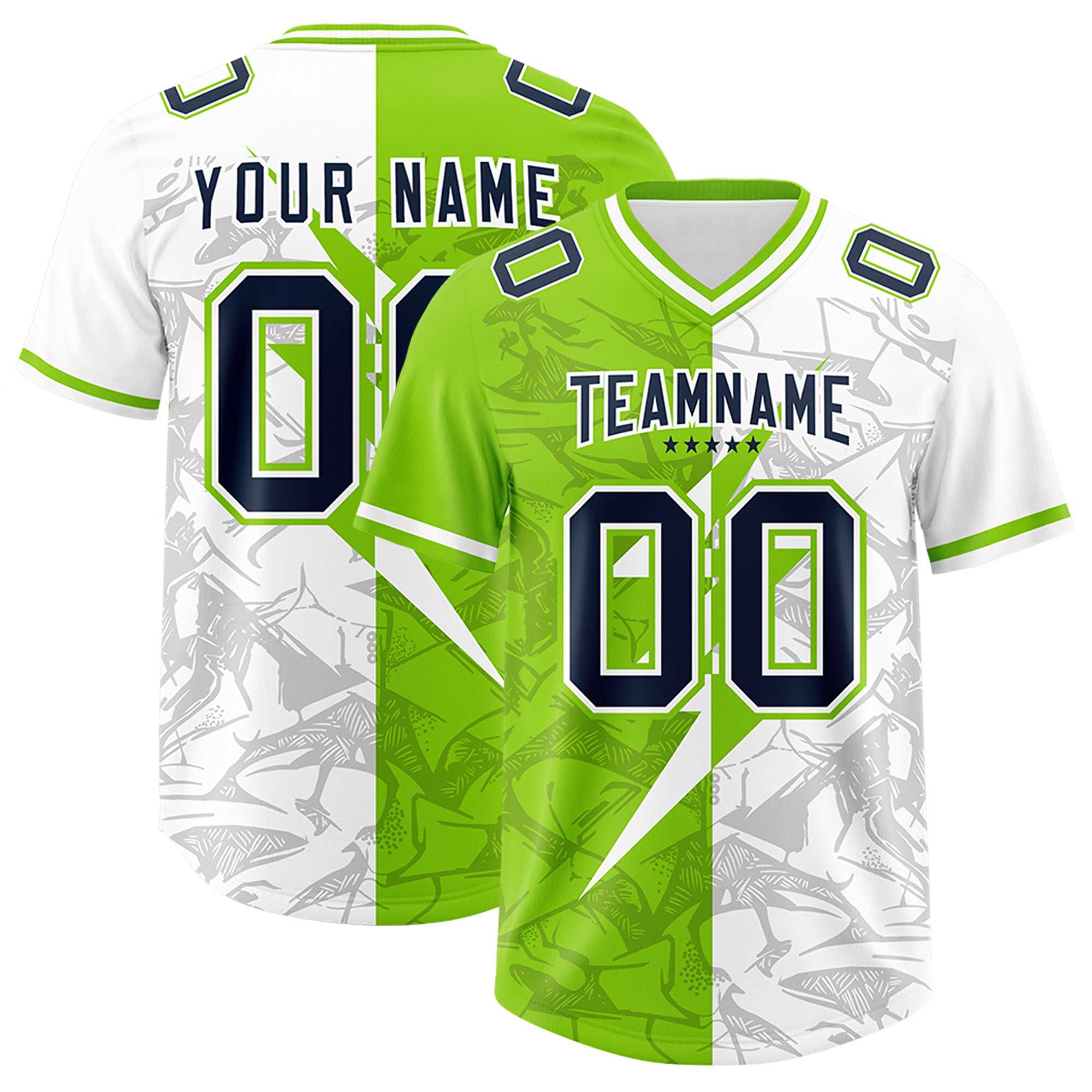 Custom Neon Green White Split Personalized Lightning Pattern American Football Jersey