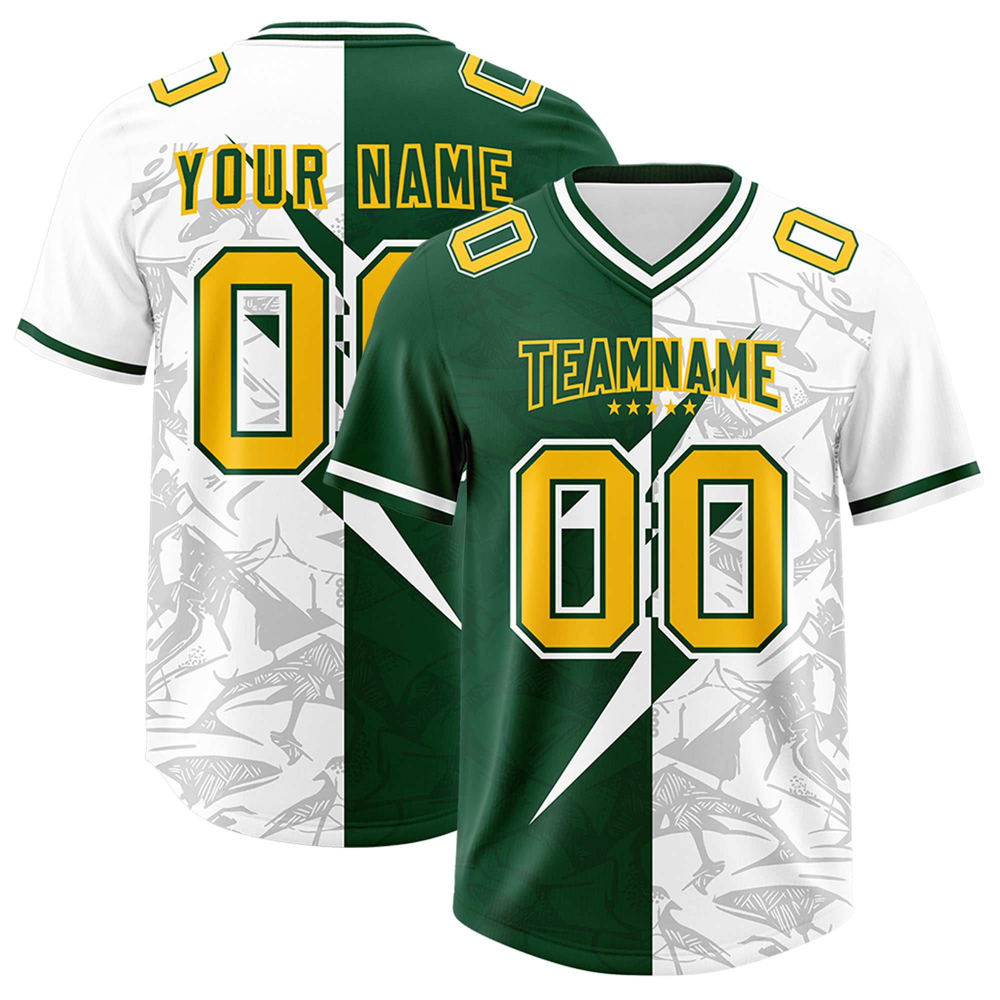 Custom Green White Split Personalized Lightning Pattern American Football Jersey