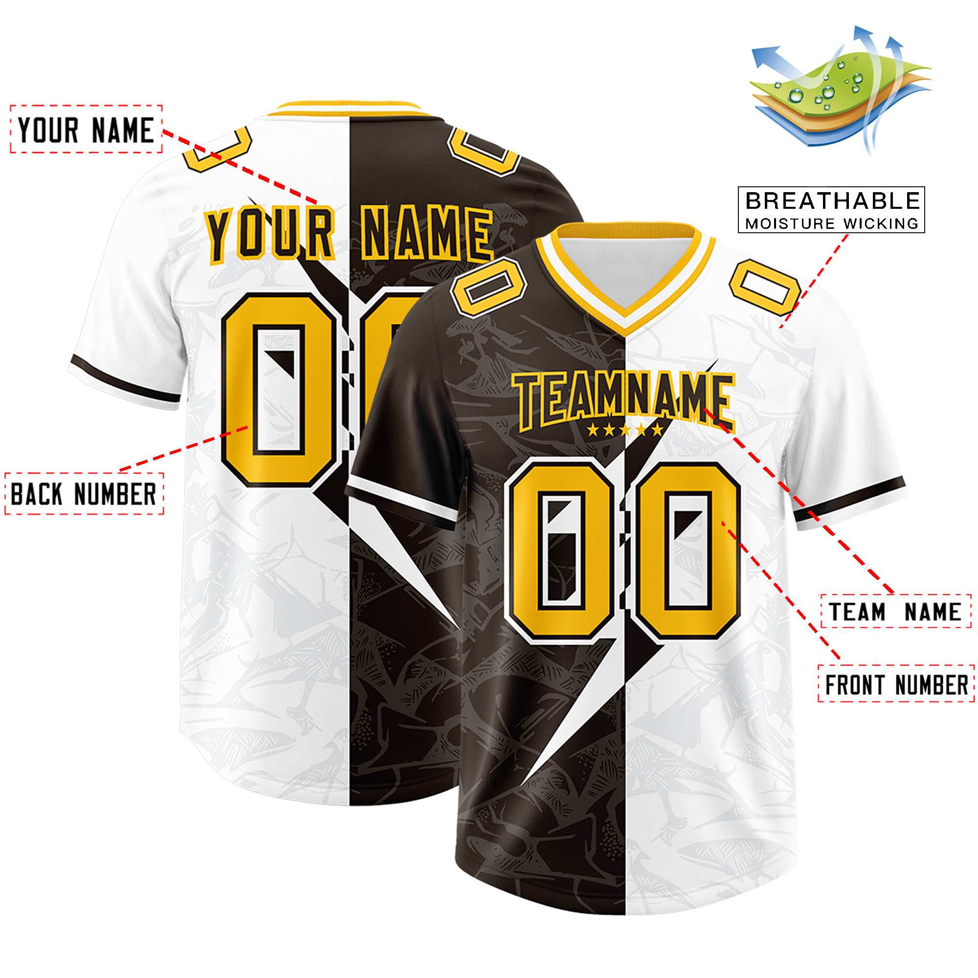 Custom Brown White Split Personalized Lightning Pattern American Football Jersey