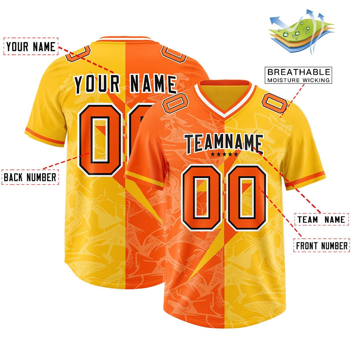 Custom Orange Yellow Split Personalized Lightning Pattern American Football Jersey