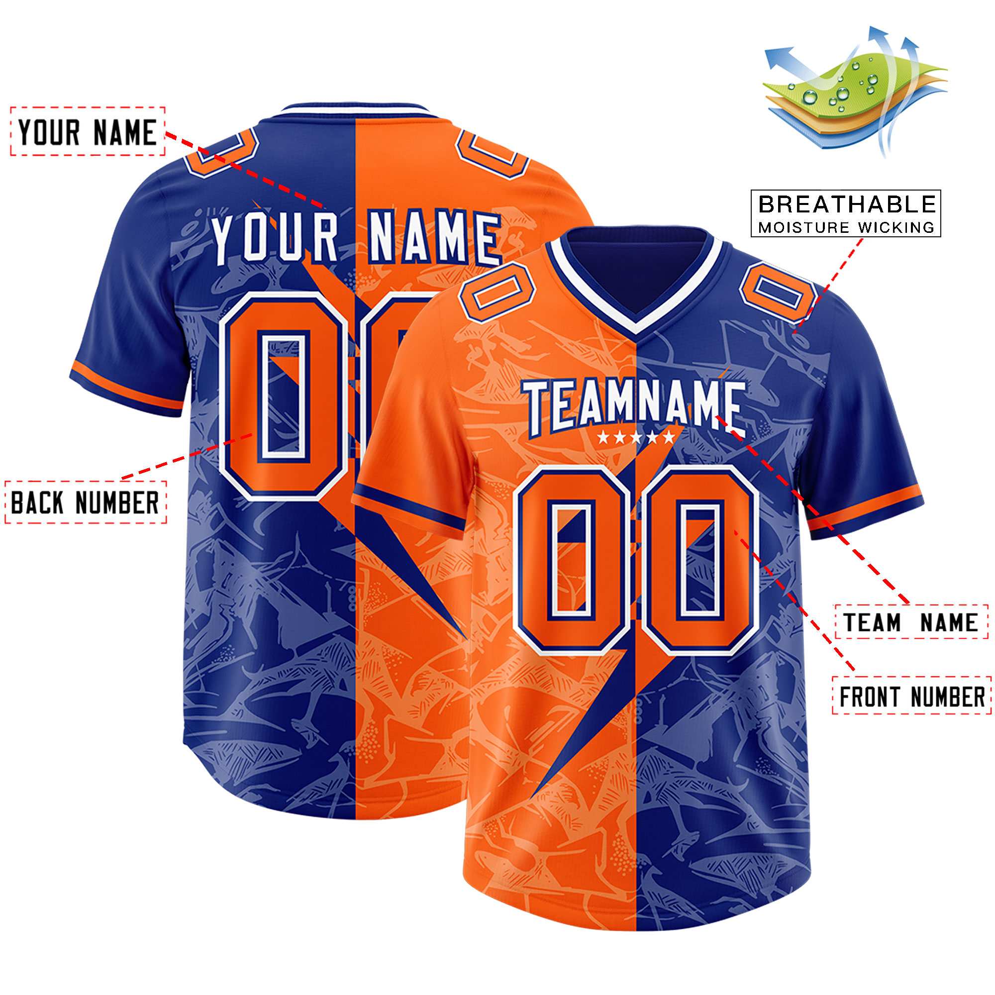 Custom Orange Royal Split Personalized Lightning Pattern American Football Jersey