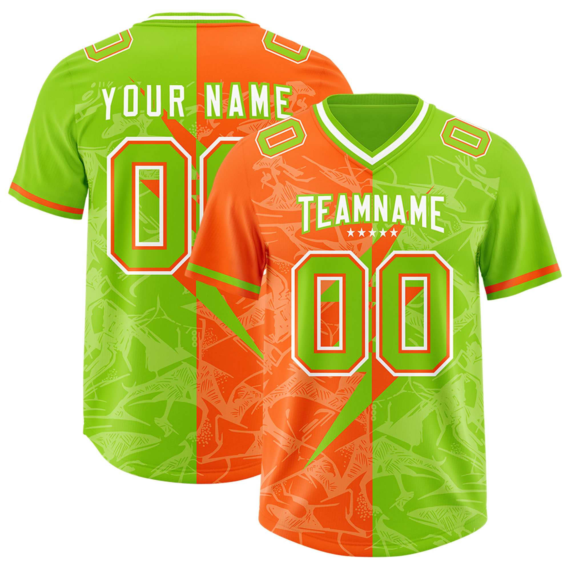 Custom Neon Green Orange Split Personalized Lightning Pattern American Football Jersey