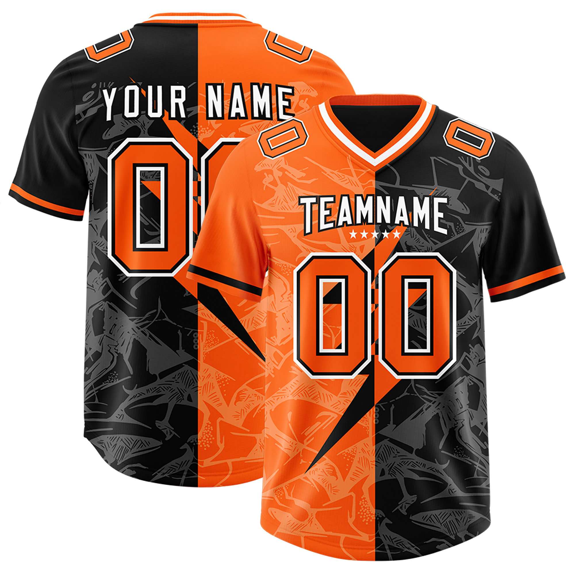 Custom Black Orange Split Personalized Lightning Pattern American Football Jersey