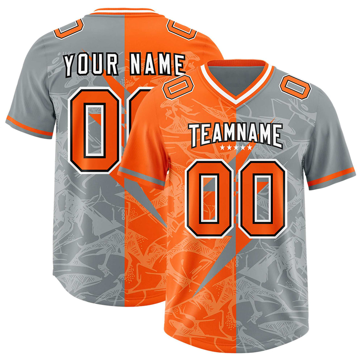 Custom Grey Orange Split Personalized Lightning Pattern American Football Jersey