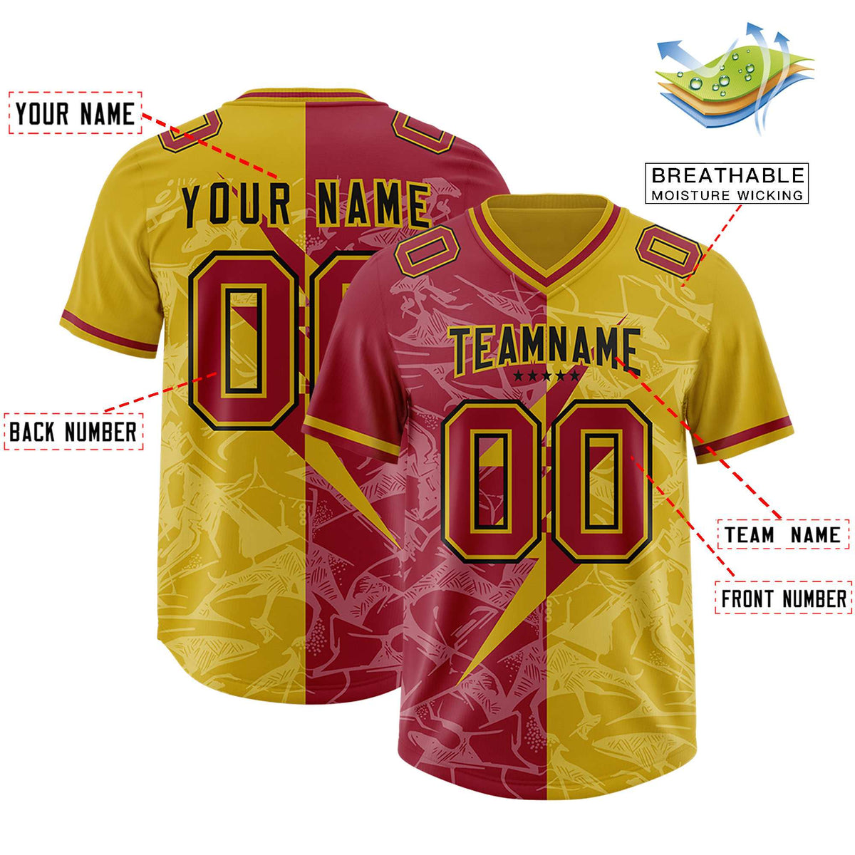 Custom Old Gold Cardinal Split Personalized Lightning Pattern American Football Jersey